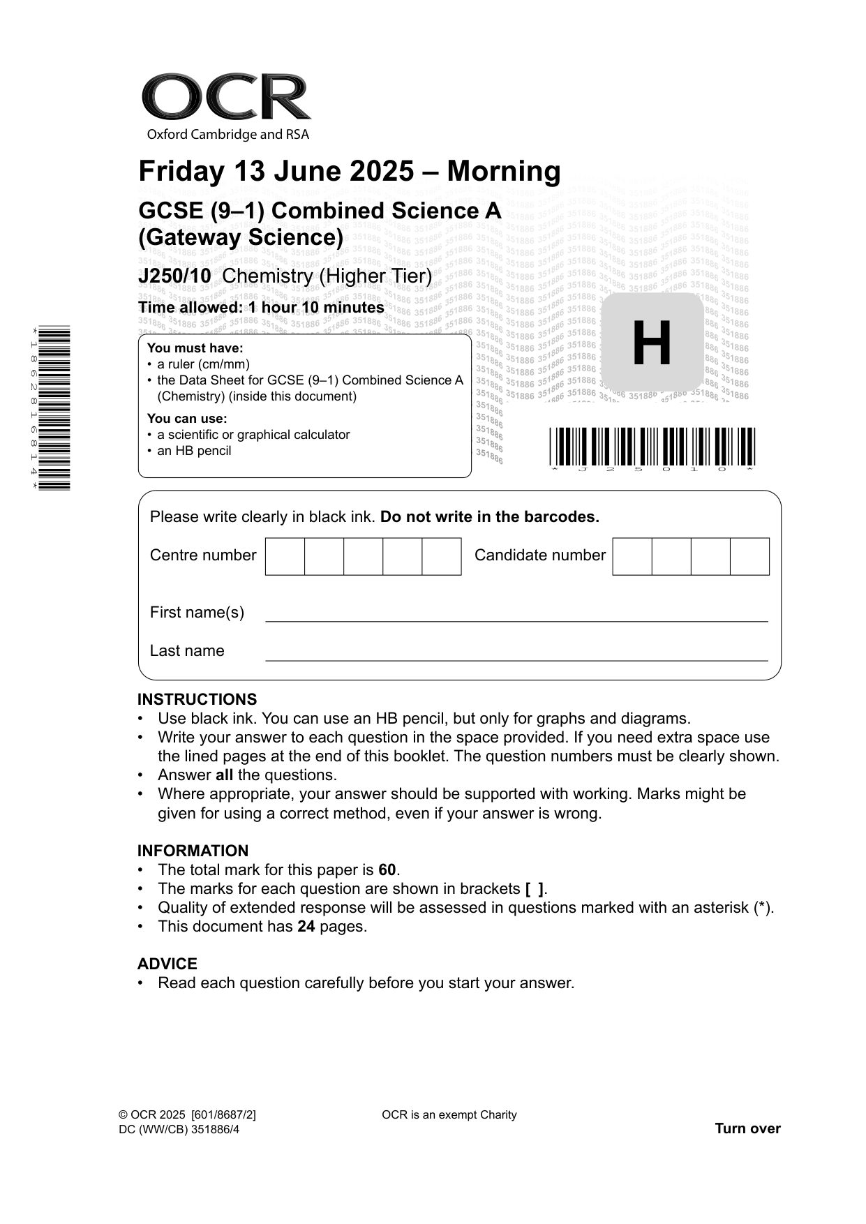 OCR GCSE Combined Science Chemistry Paper 10 2025 QP