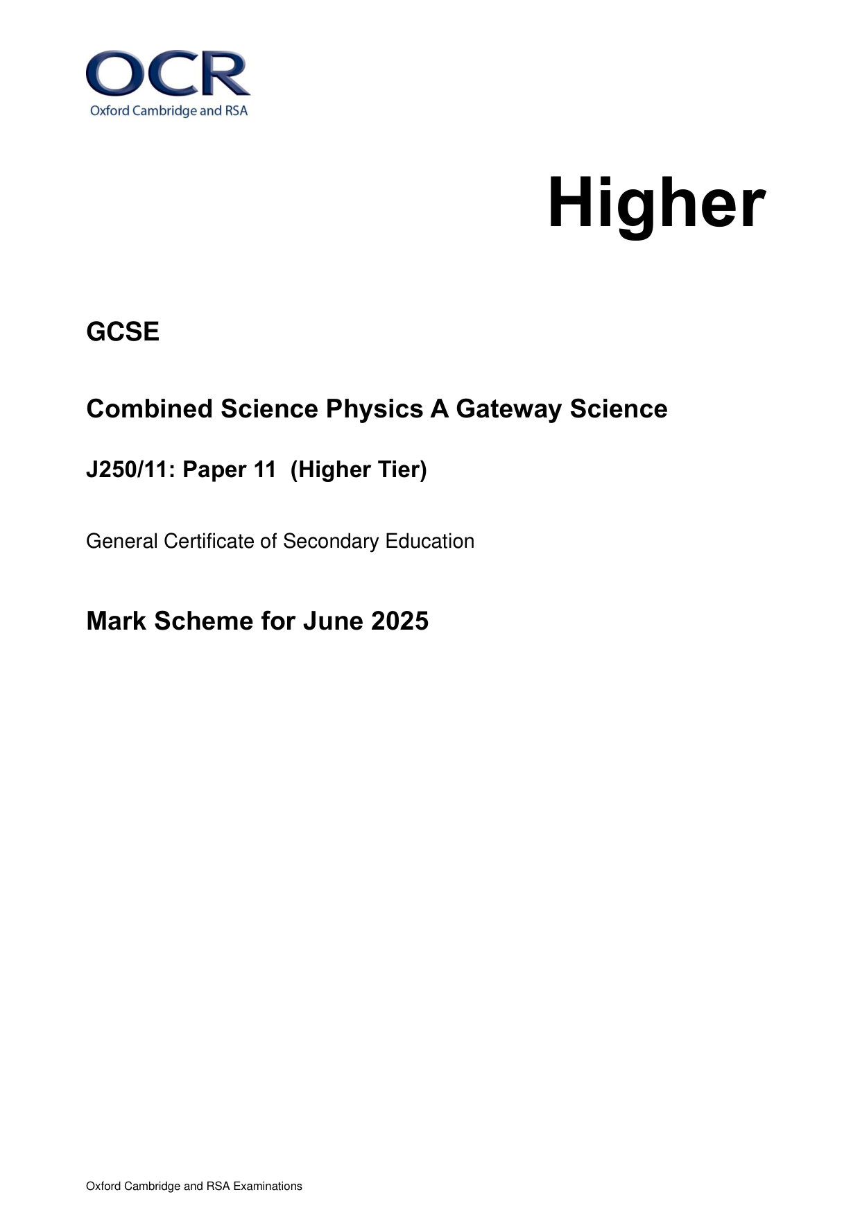 OCR GCSE Combined Science Physics A Paper 11 2025 MS