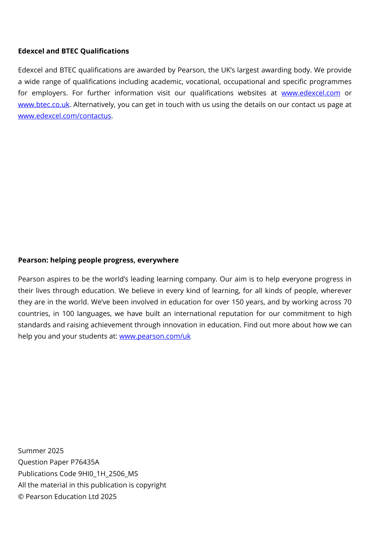 Pearson Edexcel A Level History Paper 1H 2025 Mark Scheme