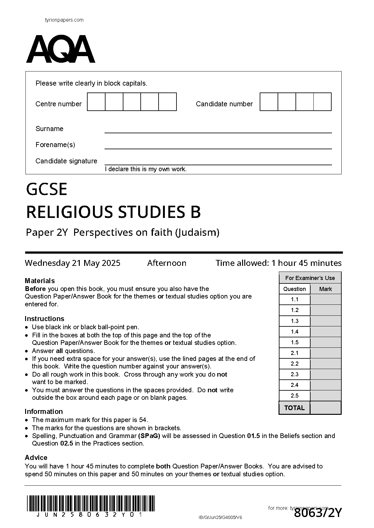 AQA GCSE Religious Studies B paper 2Y 2025 Question Paper IMG-1