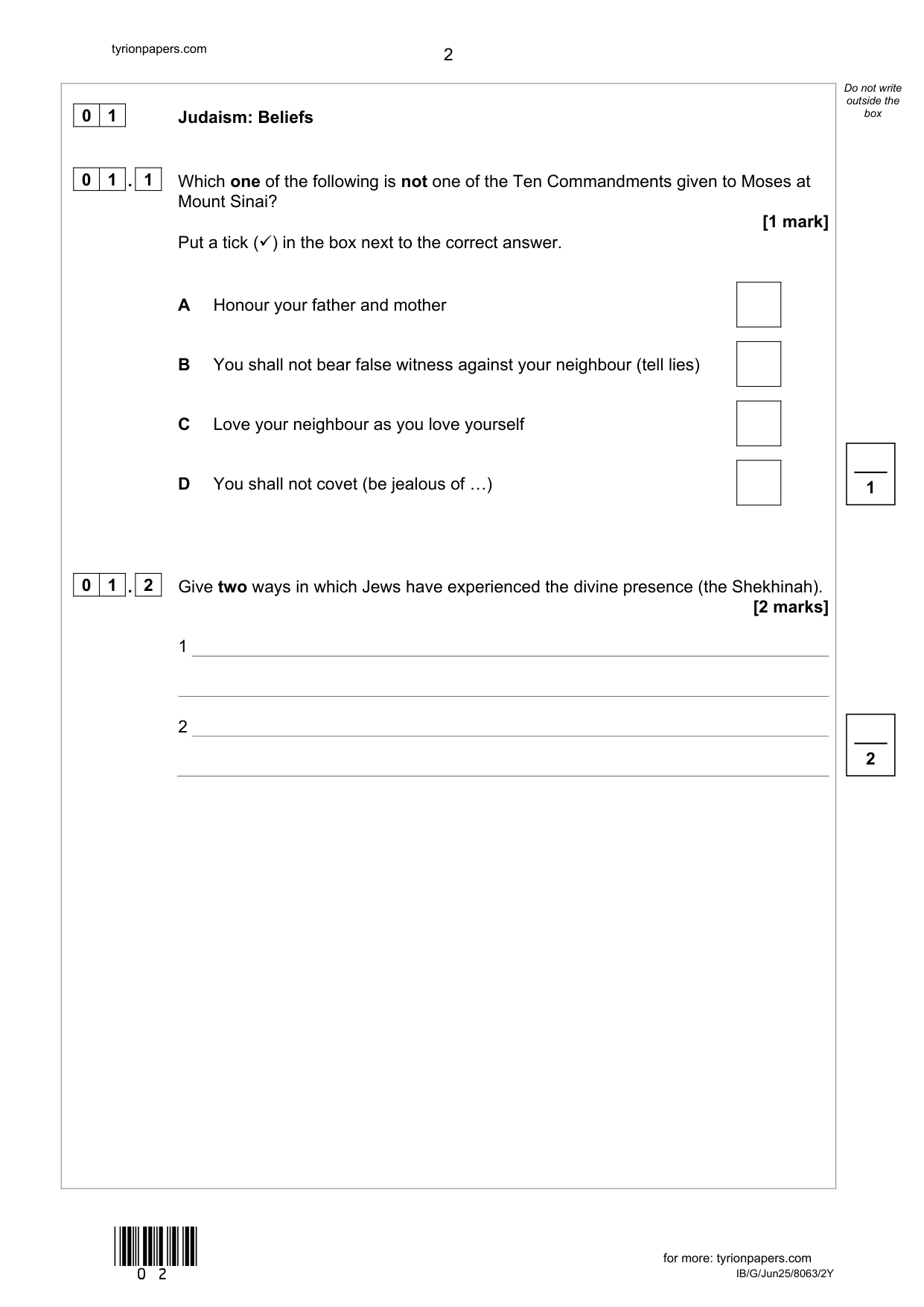 AQA GCSE Religious Studies B paper 2Y 2025 Question Paper