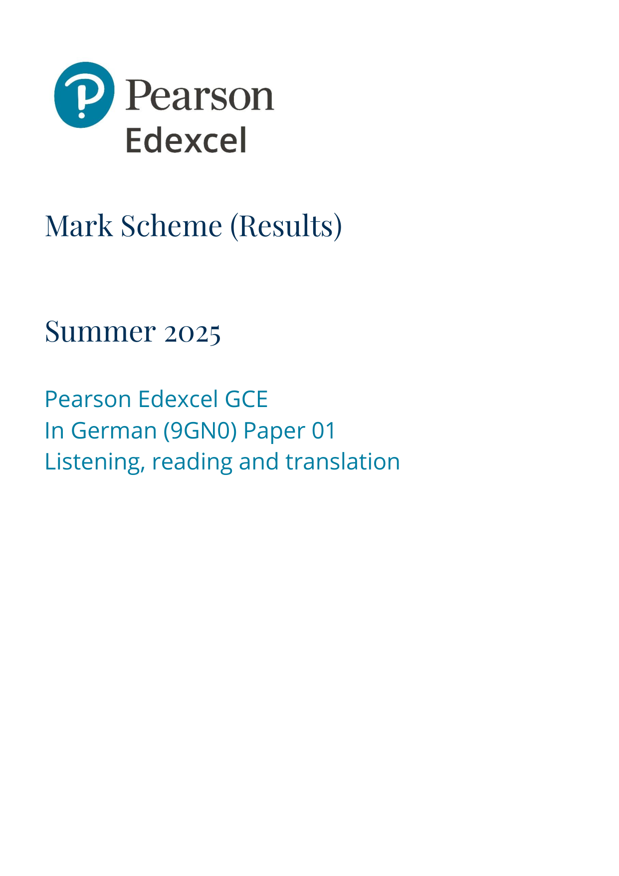 Pearson Edexcel A Level German 2025 Paper 1 Mark Scheme