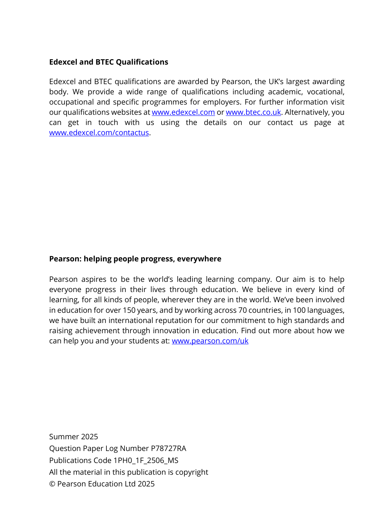 Pearson Edexcel GCSE Physics Paper 1F 2025 Mark Scheme