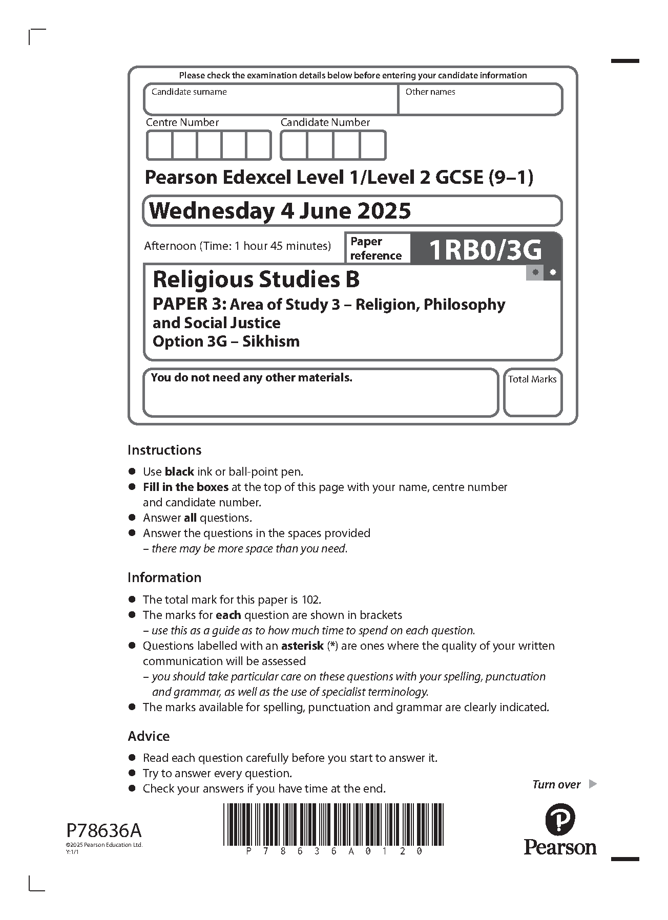 Pearson Edexcel GCSE Religious Studies B Paper 3G 2025 QP