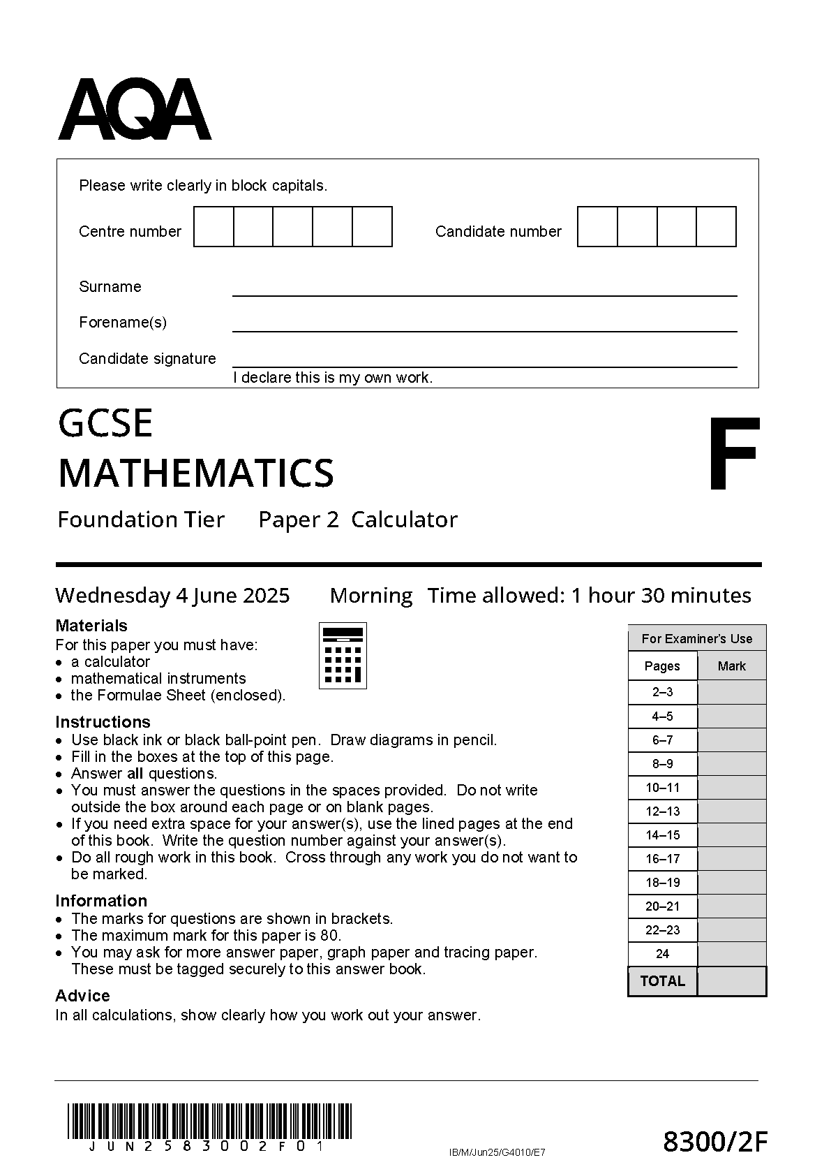 AQA GCSE Maths Paper 2 2025 Question Paper IMG-1