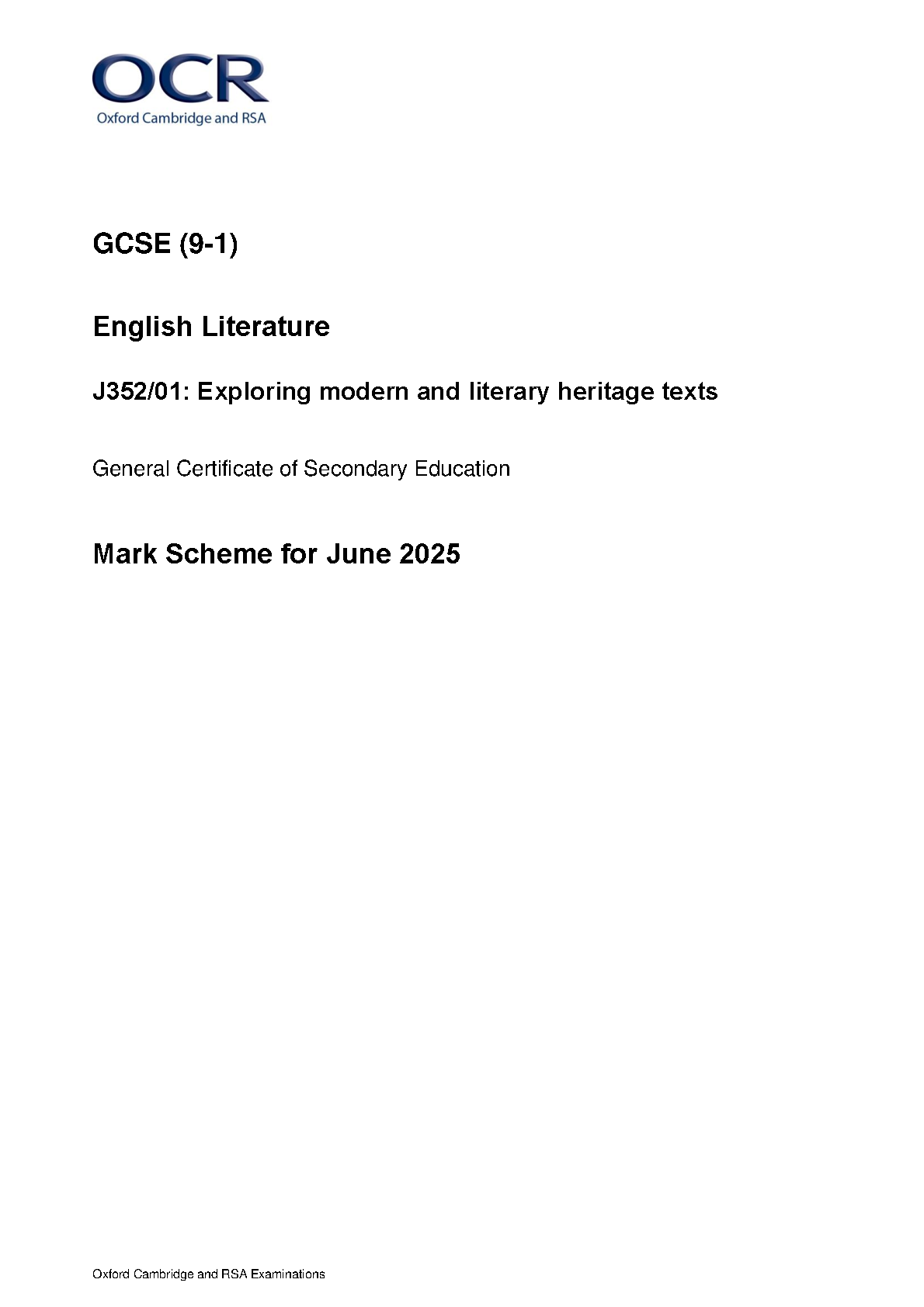 OCR GCSE English Literature Paper 1 2025 Mark Scheme