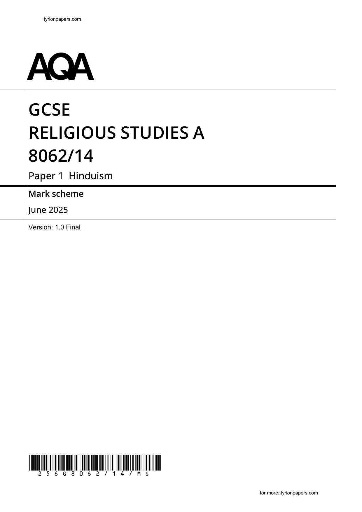 AQA GCSE Religious Studies A Paper 1 Hinduism 2025 M S