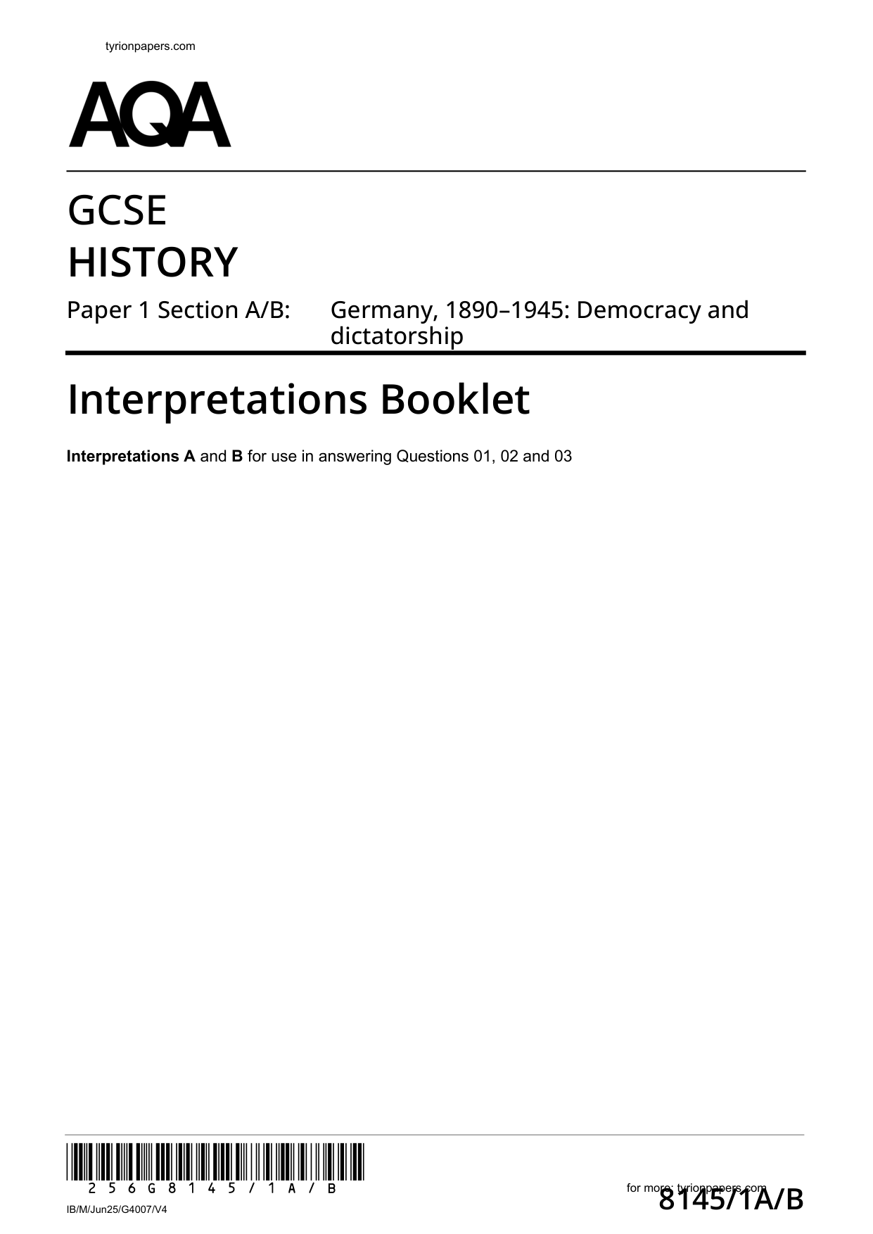AQA GCSE History Paper 1A Section A/B 2025  Booklet
