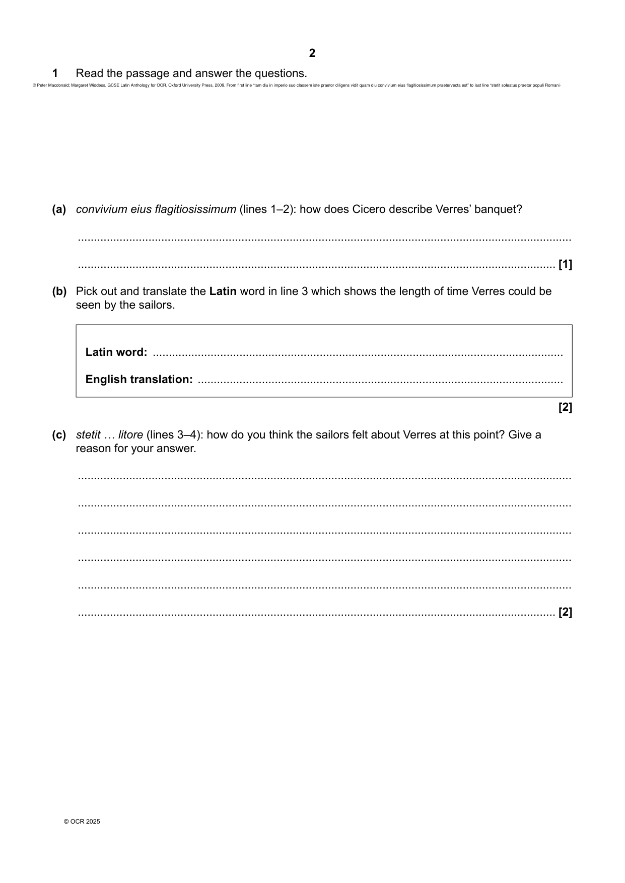 OCR GCSE Latin Paper 22025 Question Paper PDF
