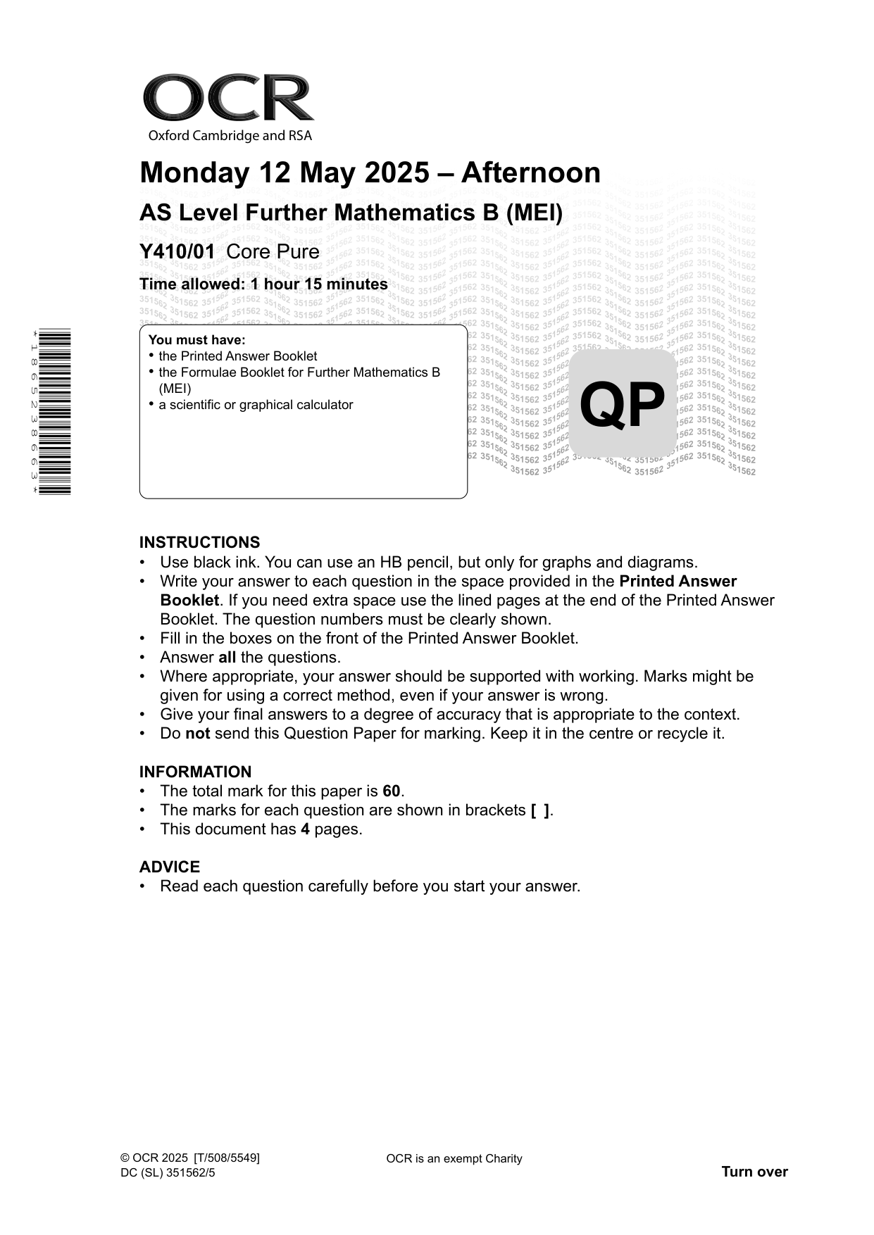 OCR AS Further Maths Paper 1 Core Pure June 2025 QP