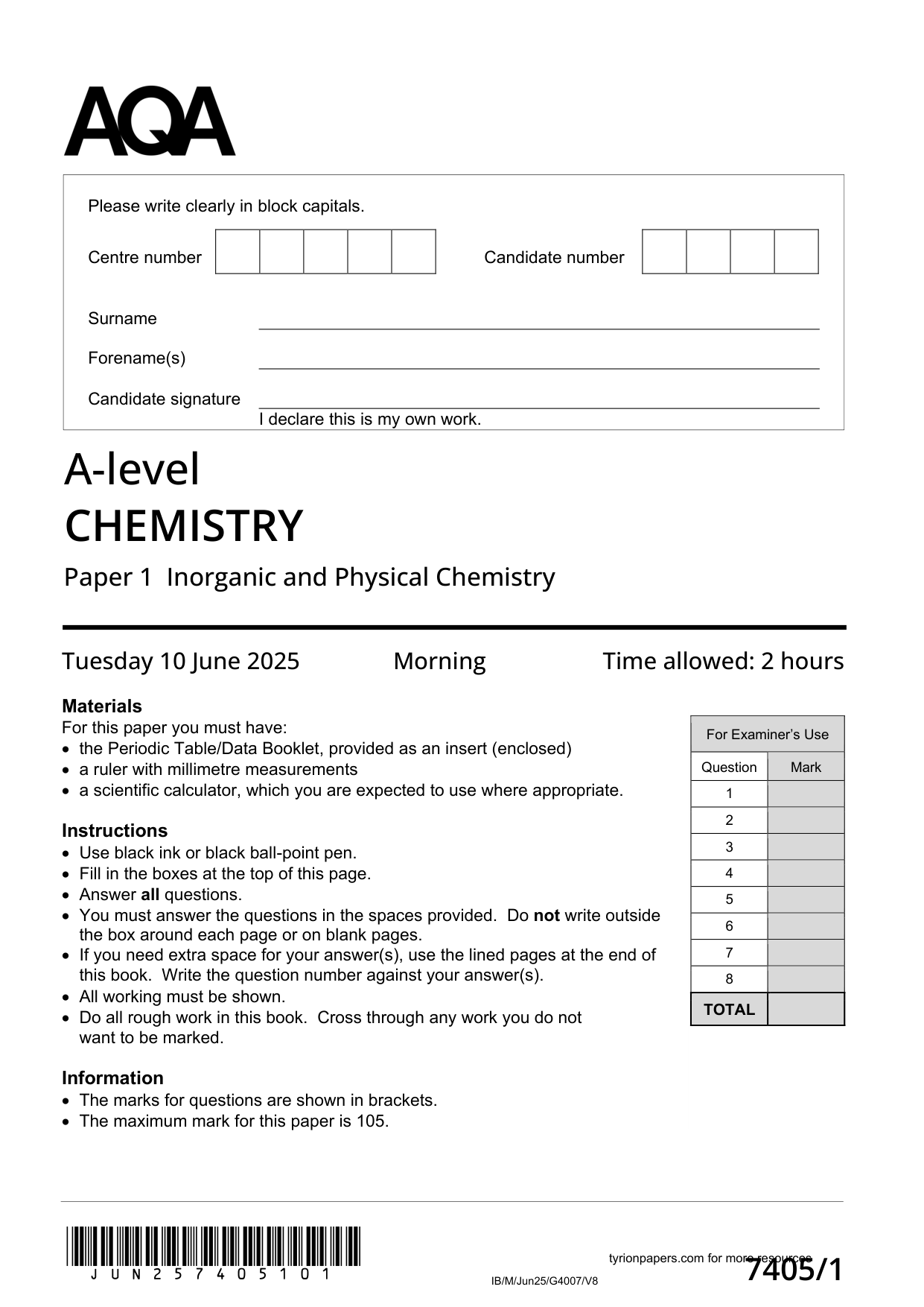 AQA A Level Chemistry Paper 1 2025 Question Paper PDF
