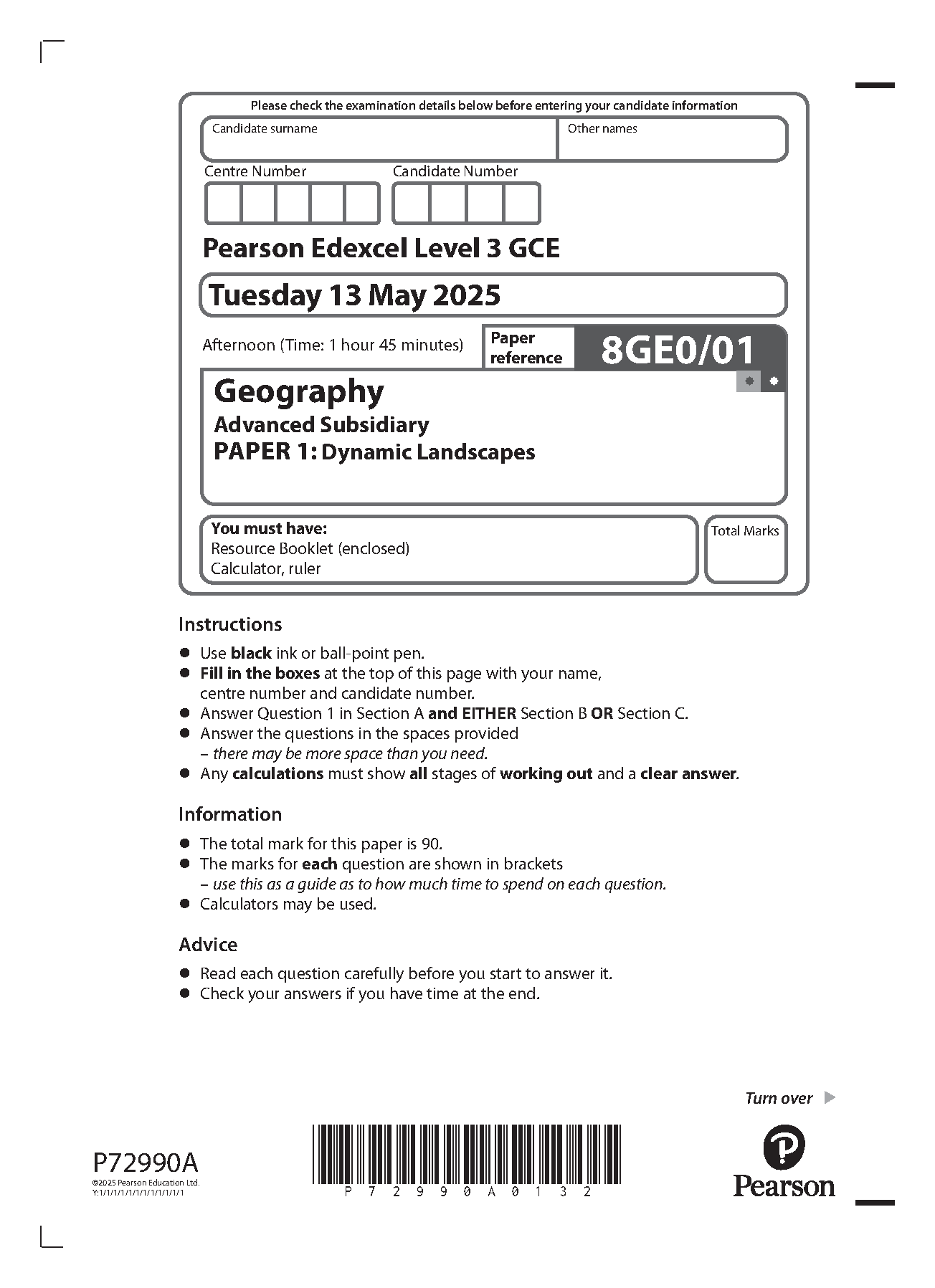 Pearson Edexcel AS Geography 2025 Paper 1 Question Paper PDF IMG-1
