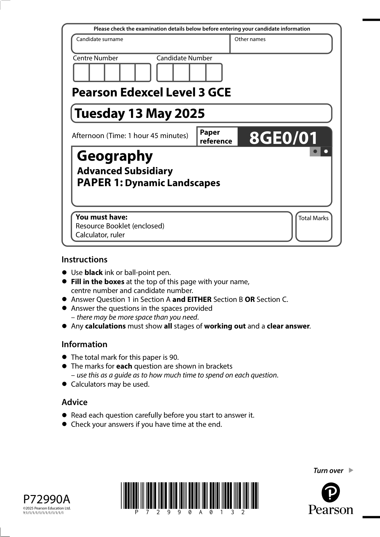 Pearson Edexcel AS Geography 2025 Paper 1 Question Paper PDF