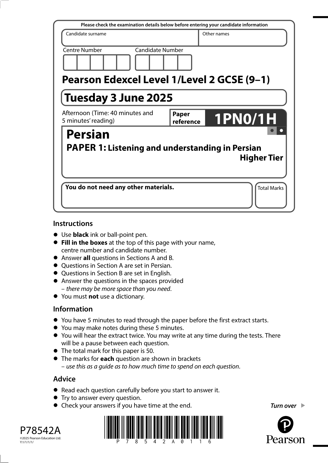 Pearson Edexcel GCSE Persian Paper 1H 2025 Question Paper