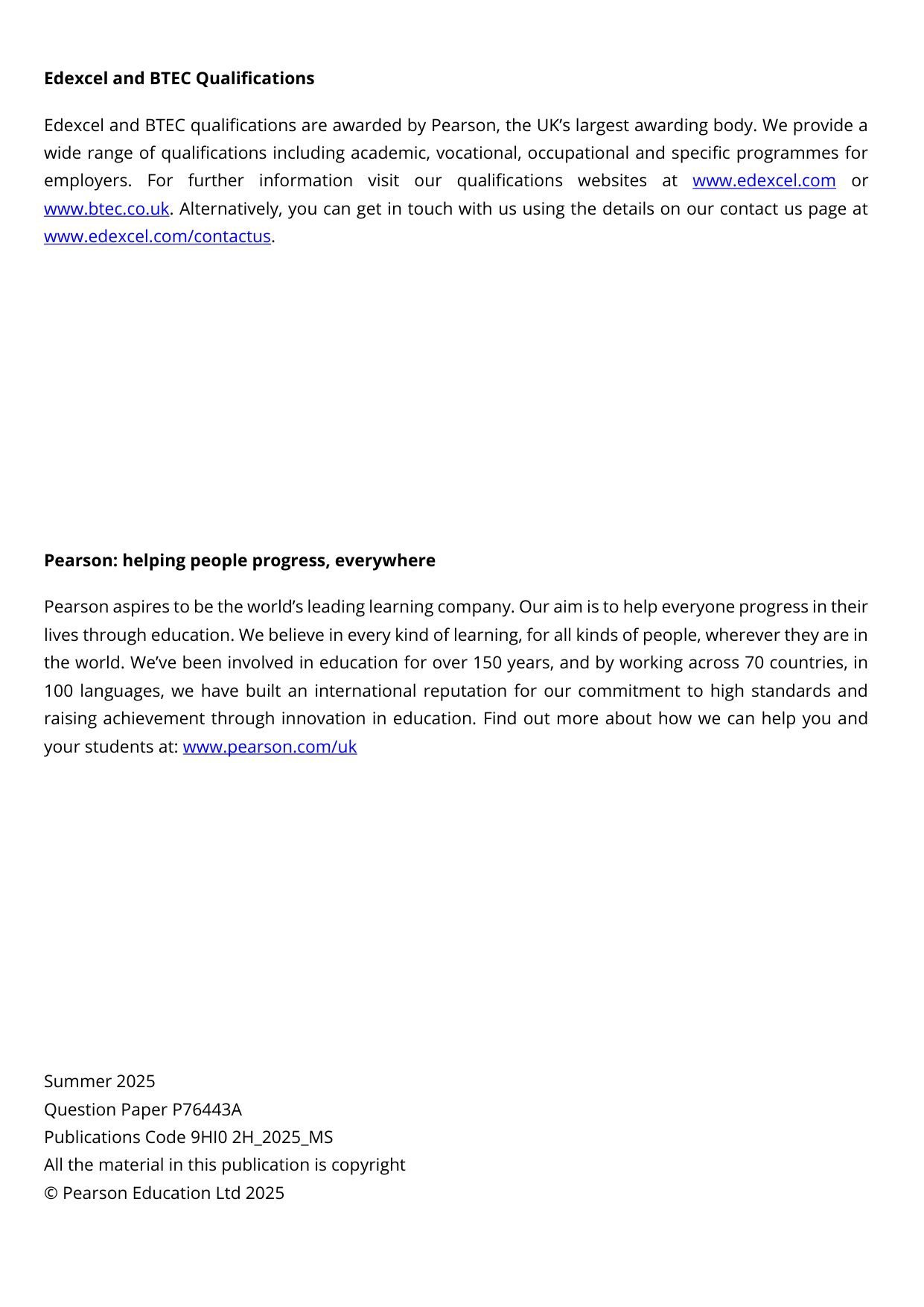 Pearson Edexcel A Level History Paper 2H 2025 Mark Scheme