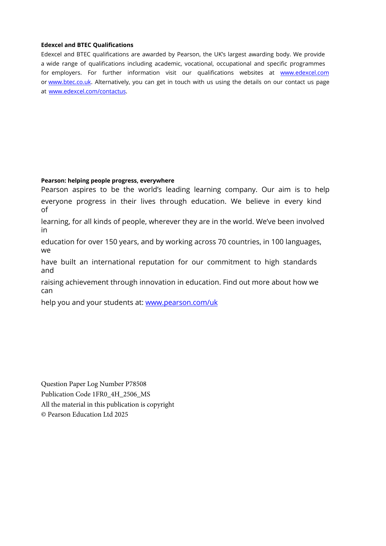 Pearson Edexcel GCSE French Paper 4H 2025 Mark Scheme PDF