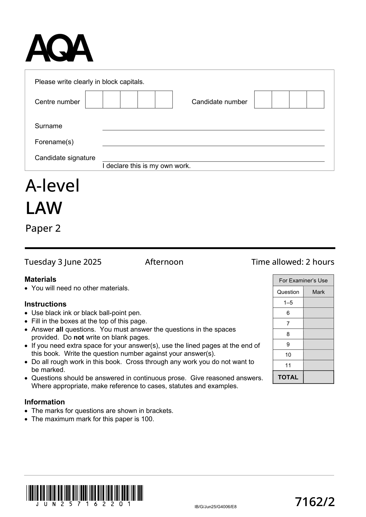 AQA A Level Law  Paper 2 2025 QP PDF