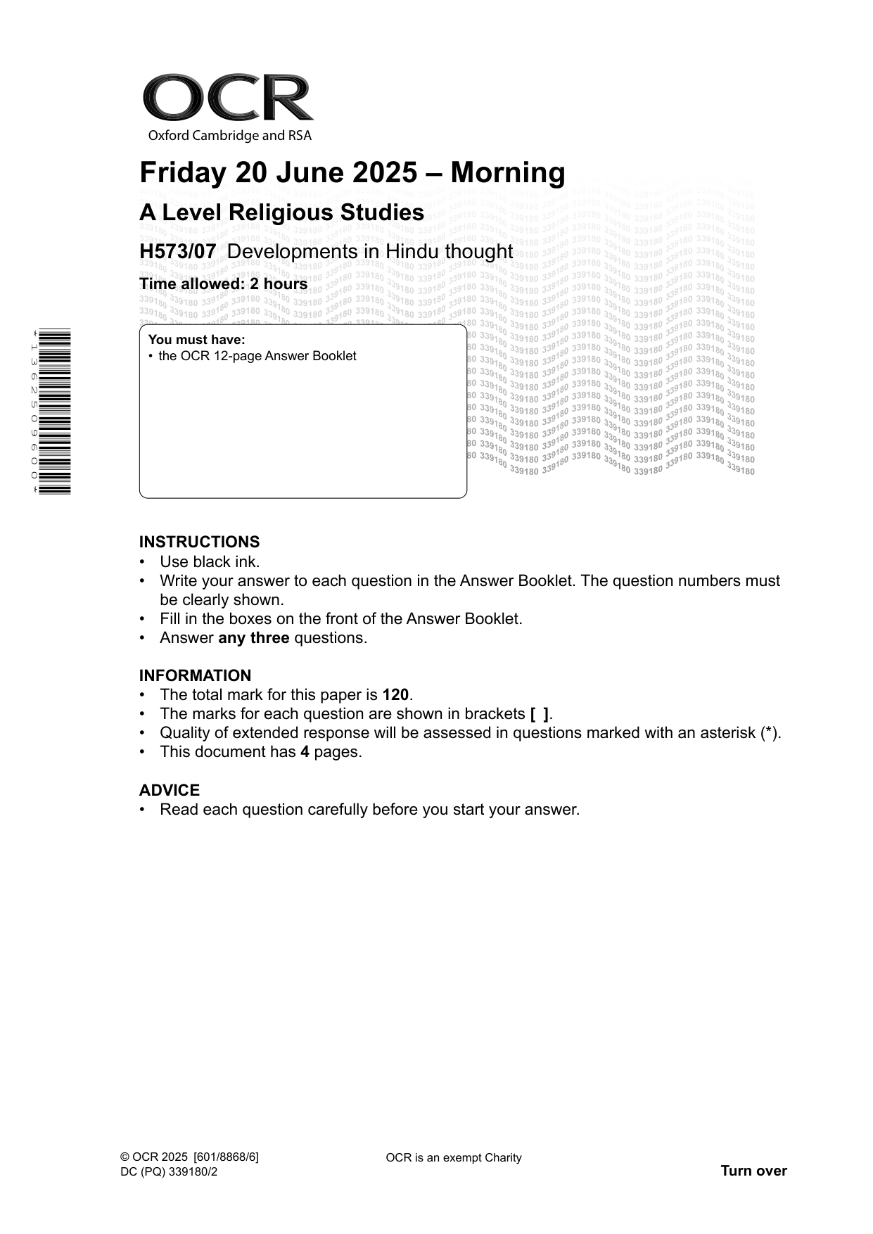 OCR A Level Religious Studies Paper 7 2025 QP