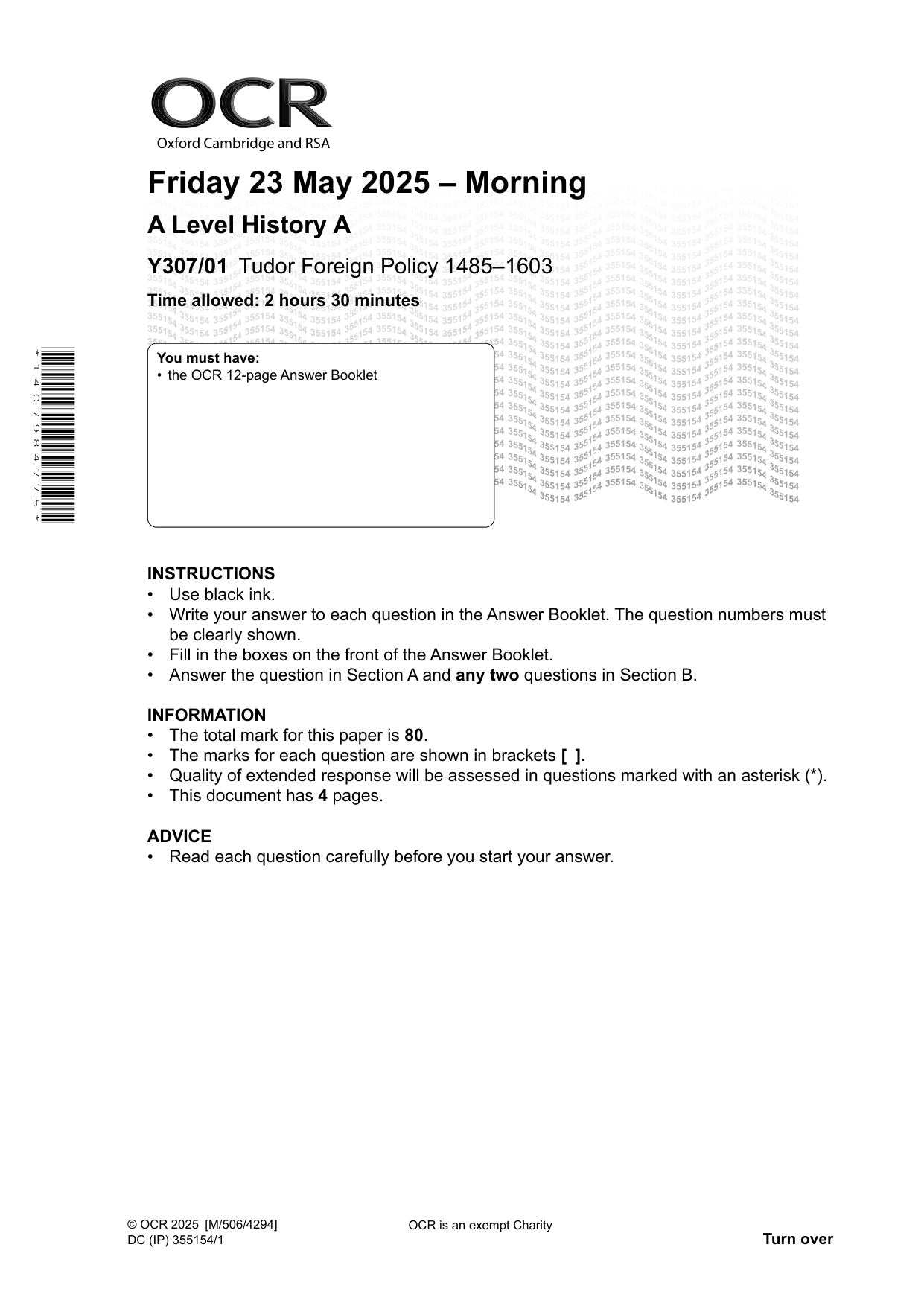 OCR A Level History A Foreign Policy 2025 Question Paper