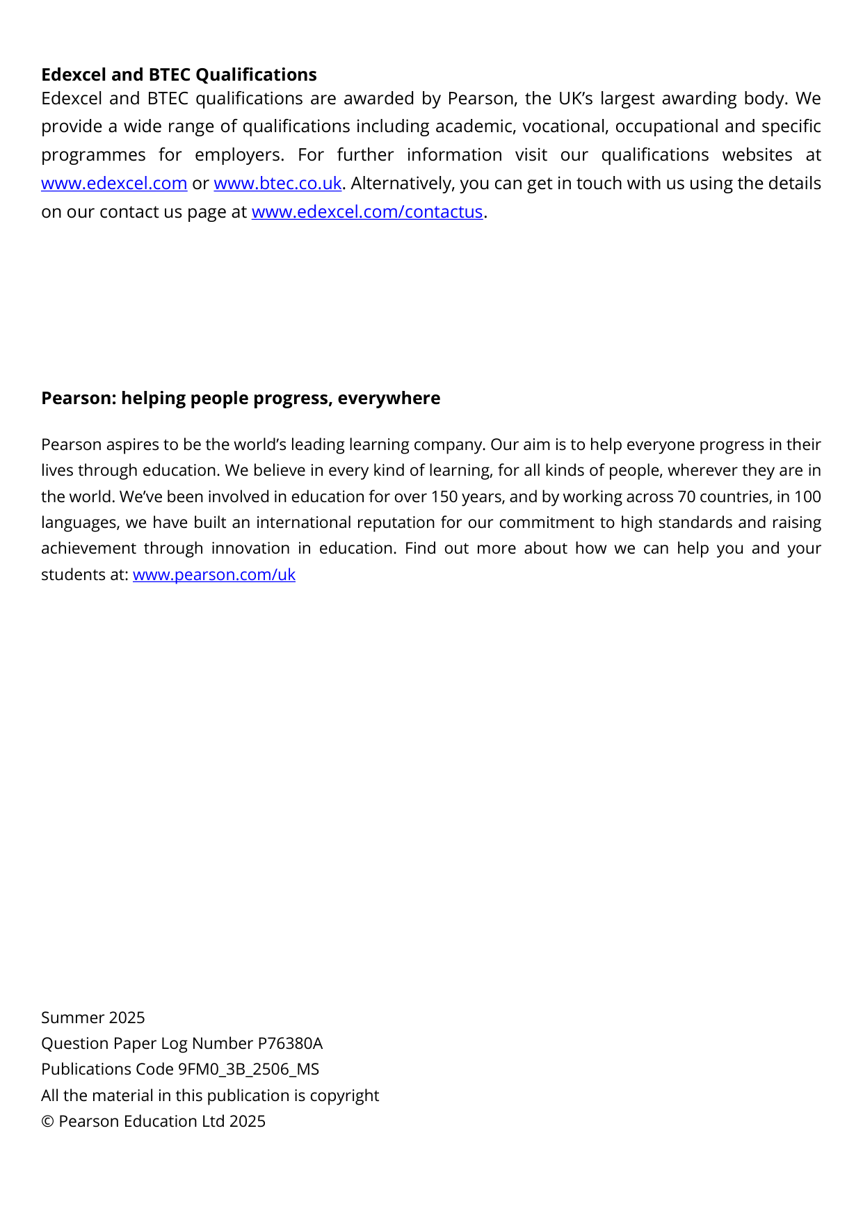 Pearson Edexcel A Level Further Mathematics Paper 3B 2025 Ms