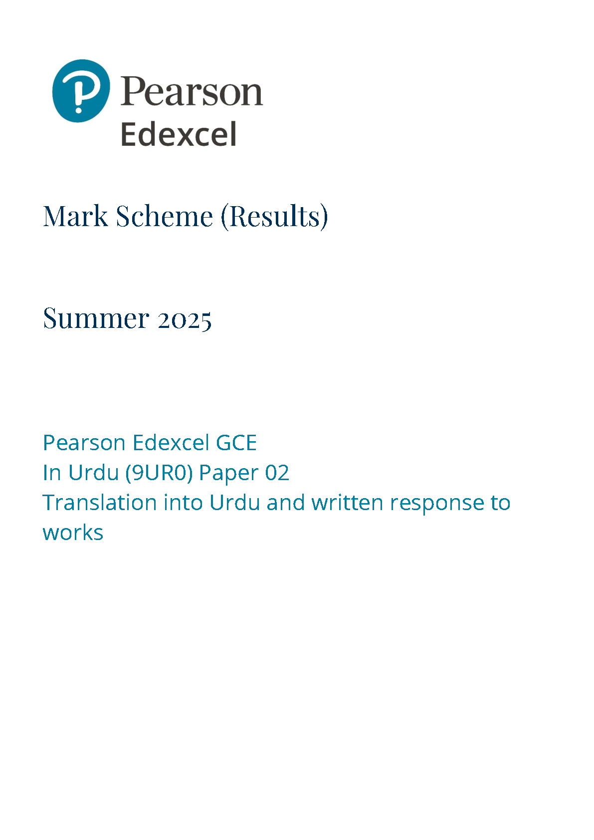 Pearson Edexcel A Level Urdu Paper 2 2025 Mark Scheme IMG-1