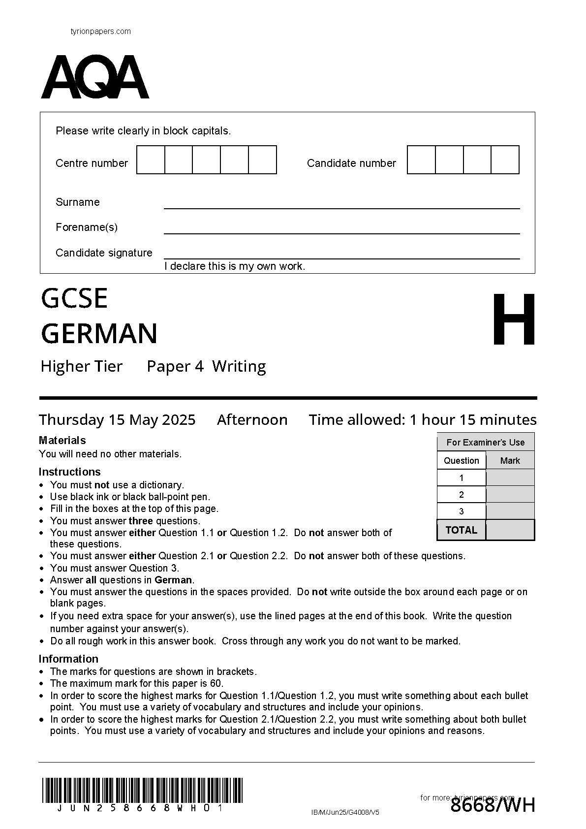 AQA GCSE German Paper 4H 2025 Writing QP IMG-1