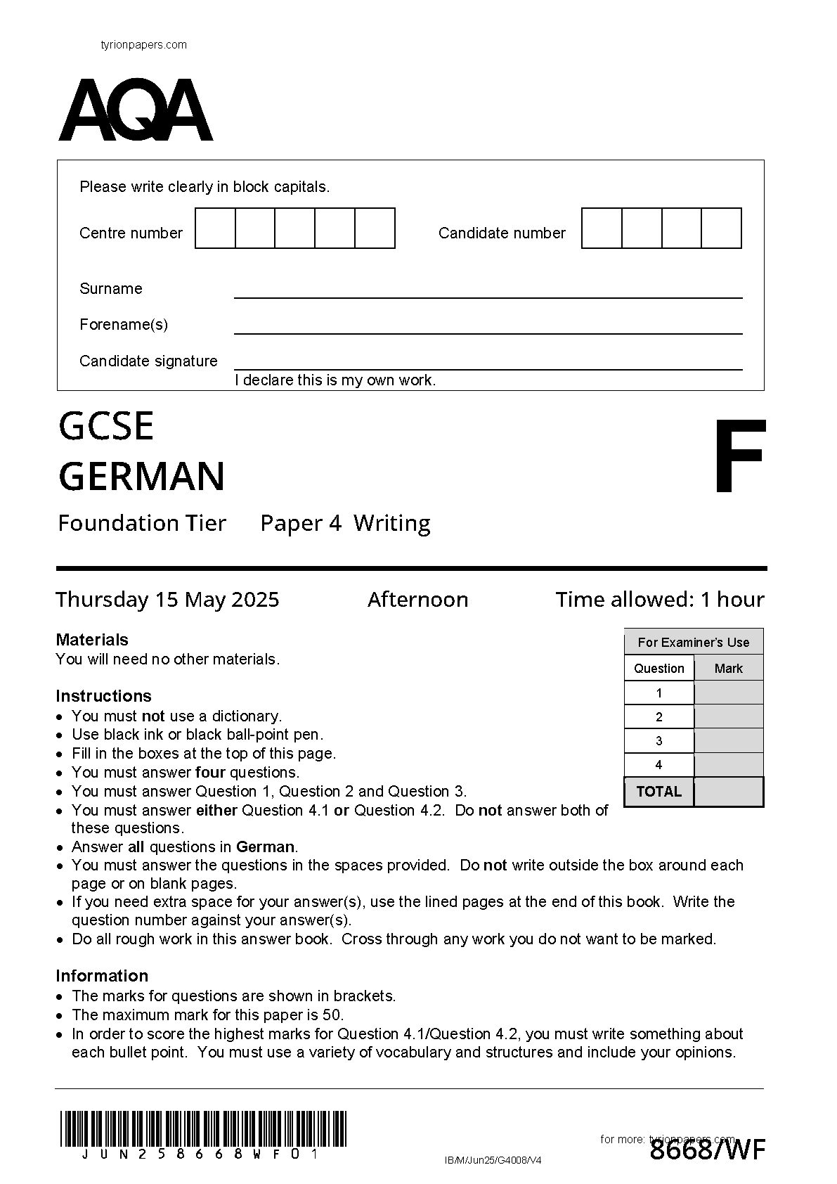 AQA GCSE German Paper 4F 2025 Writing QP IMG-1