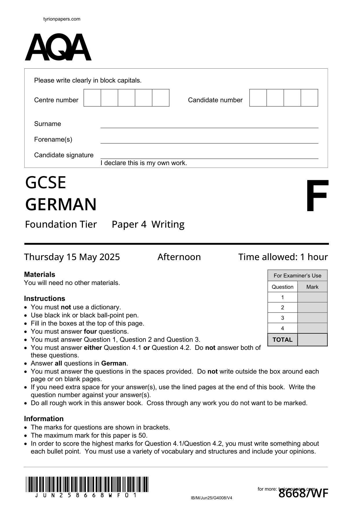 AQA GCSE German Paper 4F 2025 Writing QP