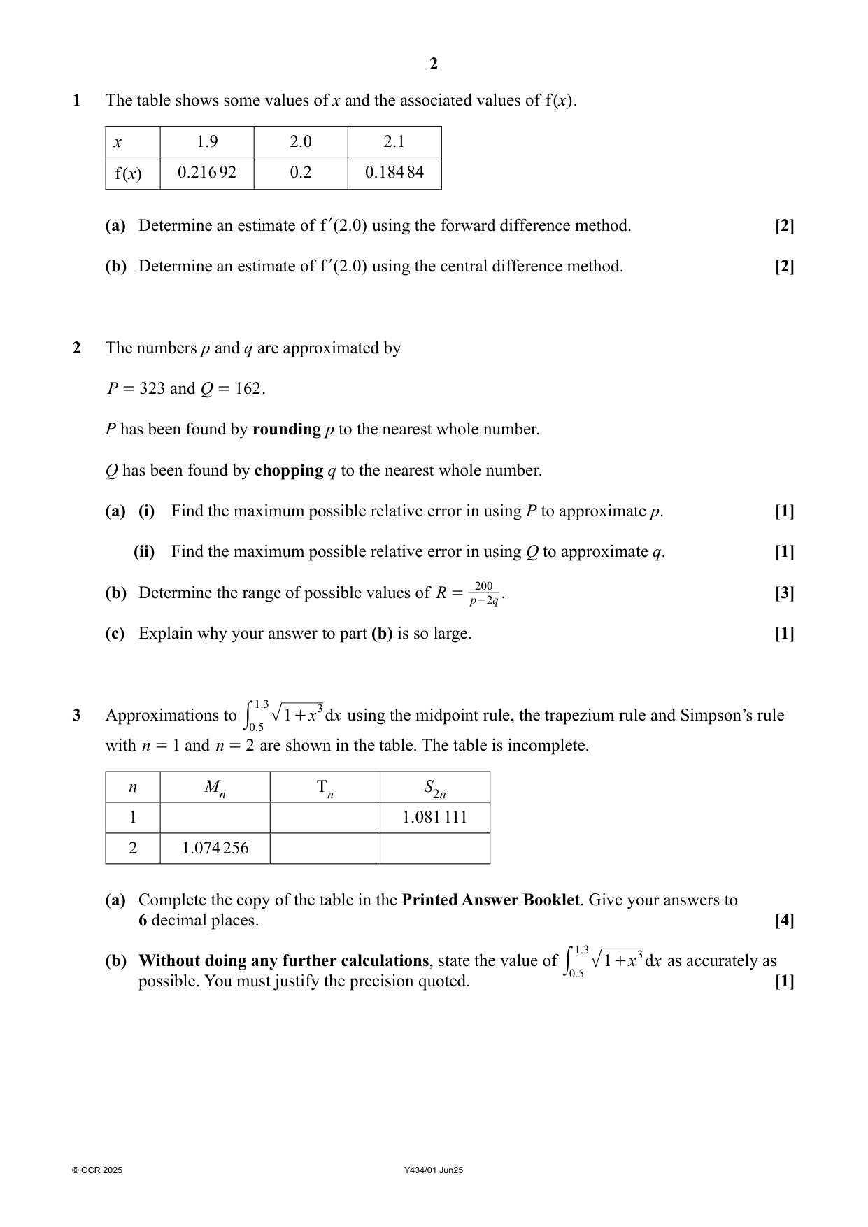 OCR A Level Further Maths Paper 1 Numerical Methods 2025 QP