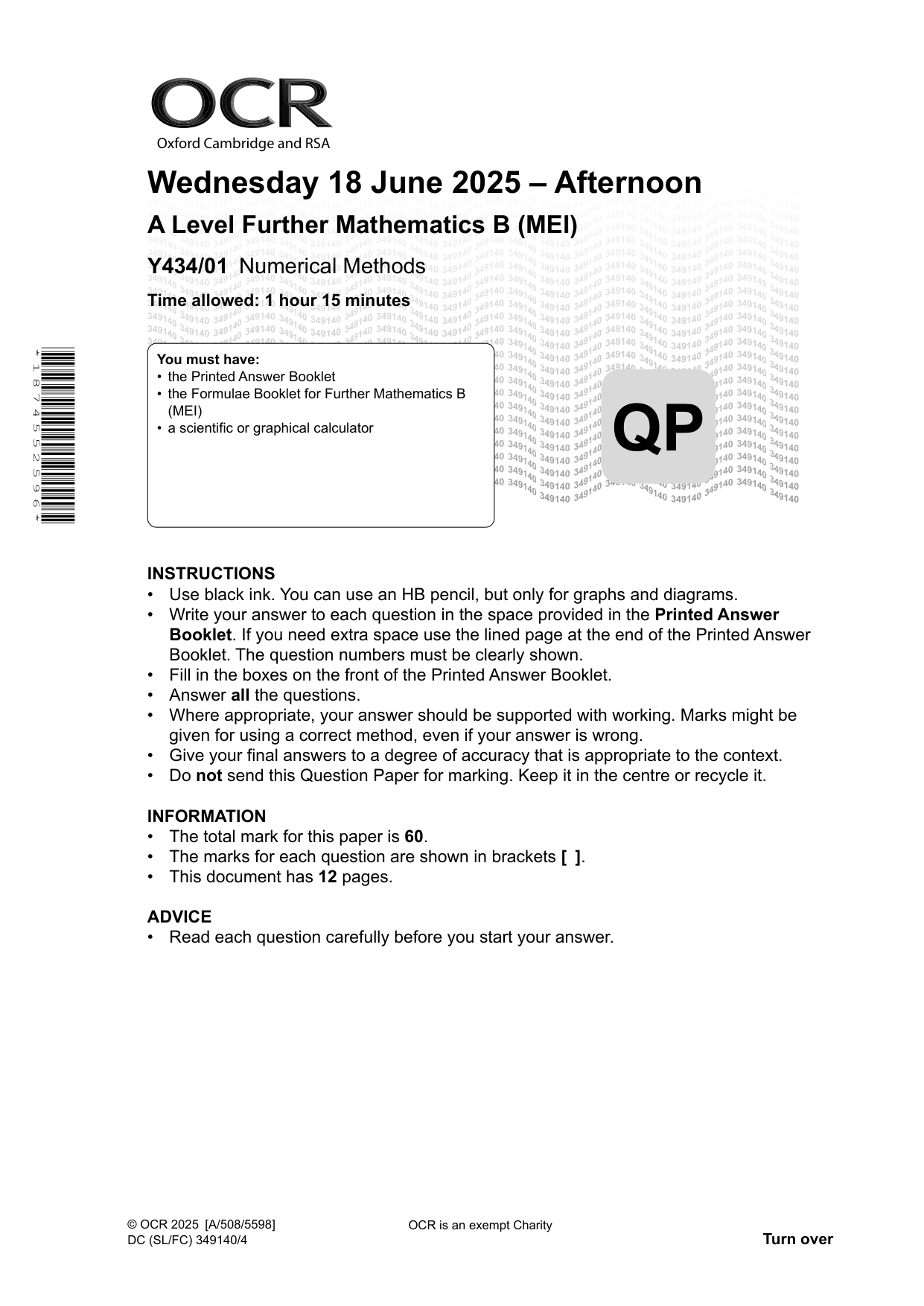 OCR A Level Further Maths Paper 1 Numerical Methods 2025 QP