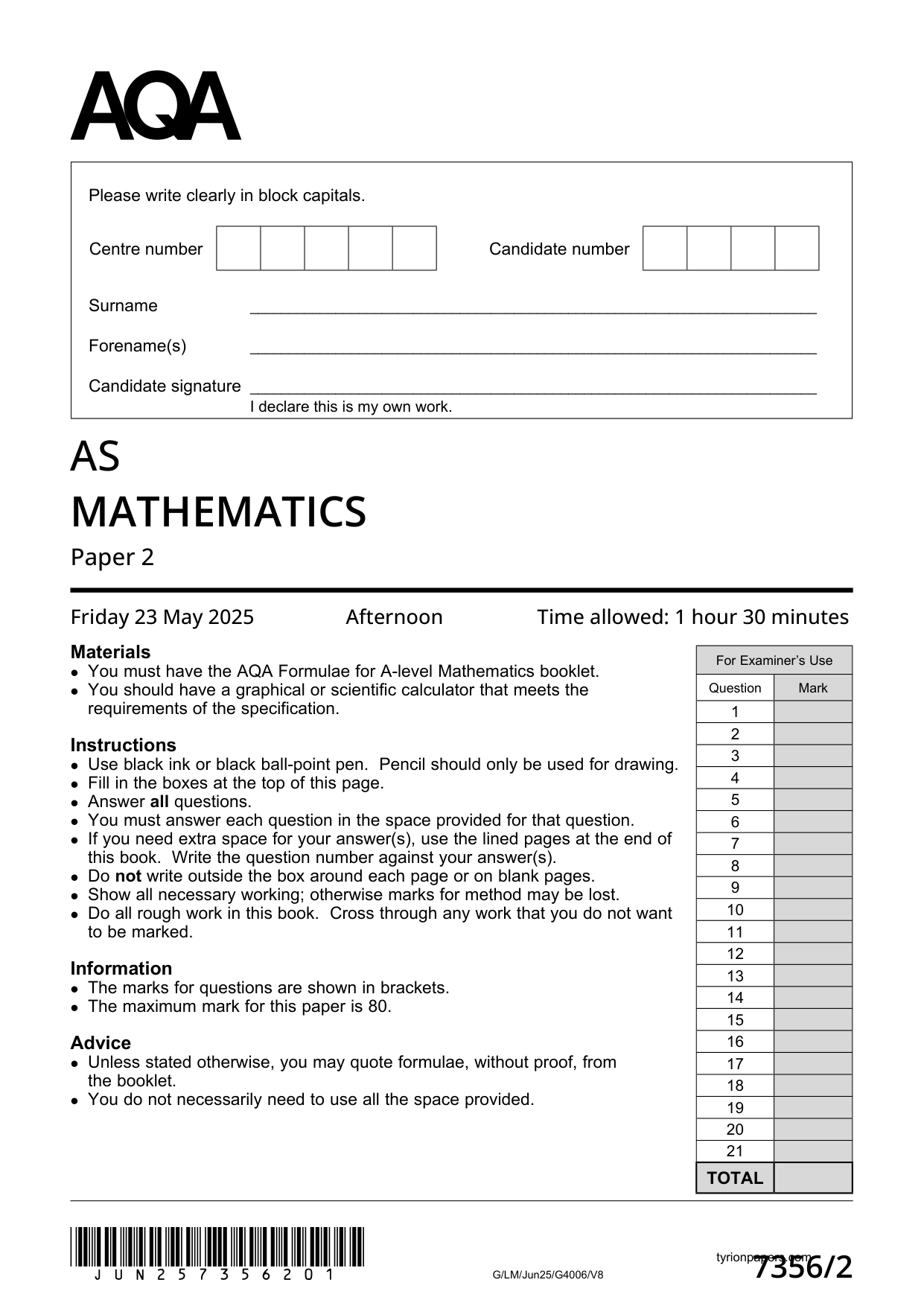 AQA AS Mathematics  Paper 2  2025 QP