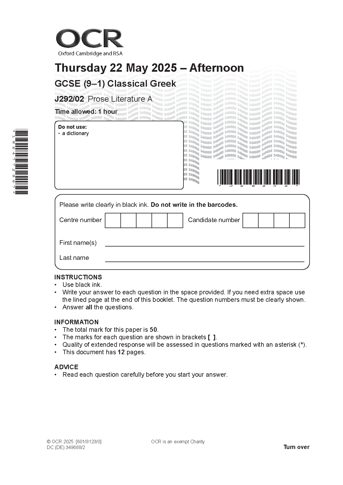 OCR GCSE Classical Greek Paper 2 2025 Question Paper