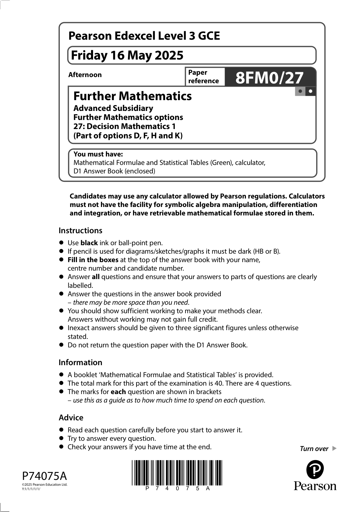 Pearson Edexcel AS Further Mathematics Paper 27 2025 QP