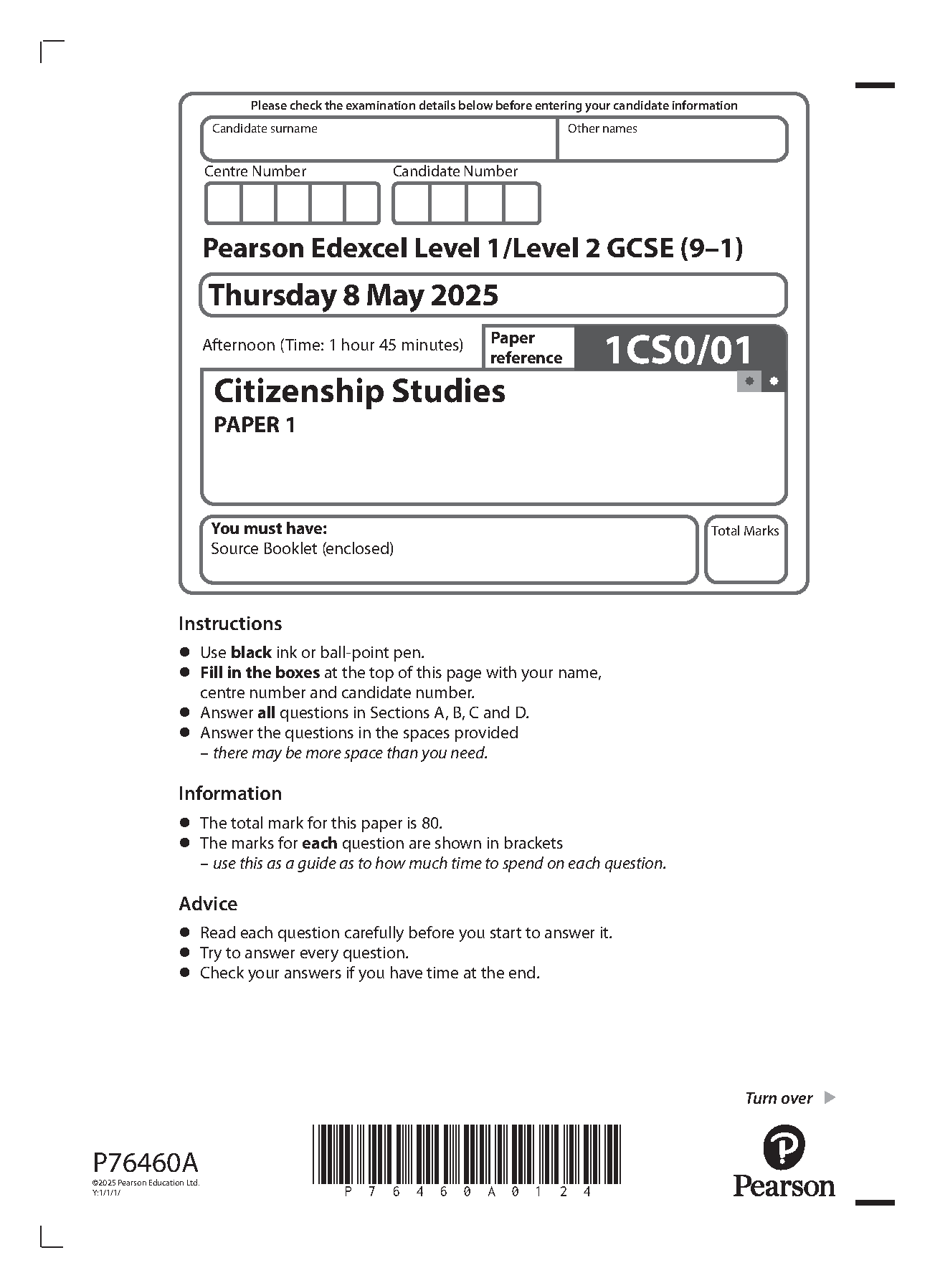 Pearson Edexcel GCSE Citizenship Paper 1 2025 Question Paper