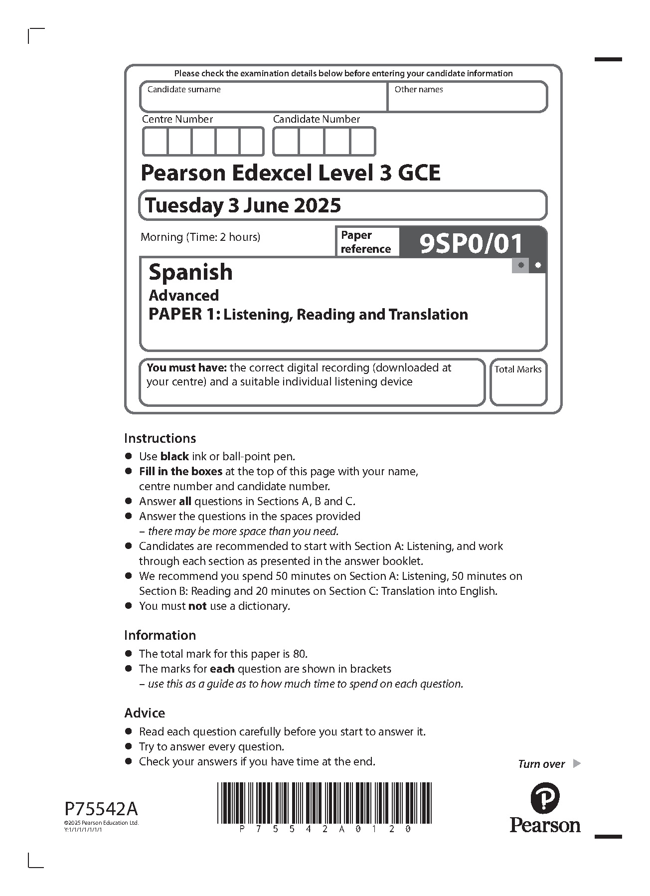 Pearson Edexcel A Level Spanish Paper 1 2025 Question Paper IMG-1