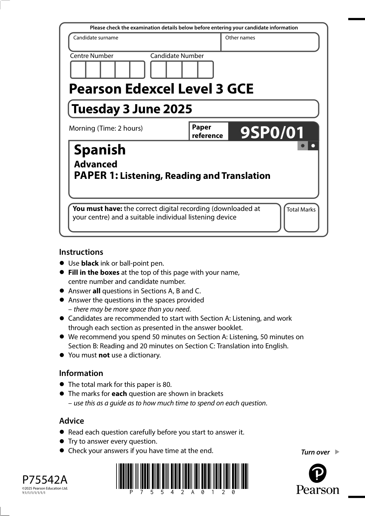 Pearson Edexcel A Level Spanish Paper 1 2025 Question Paper
