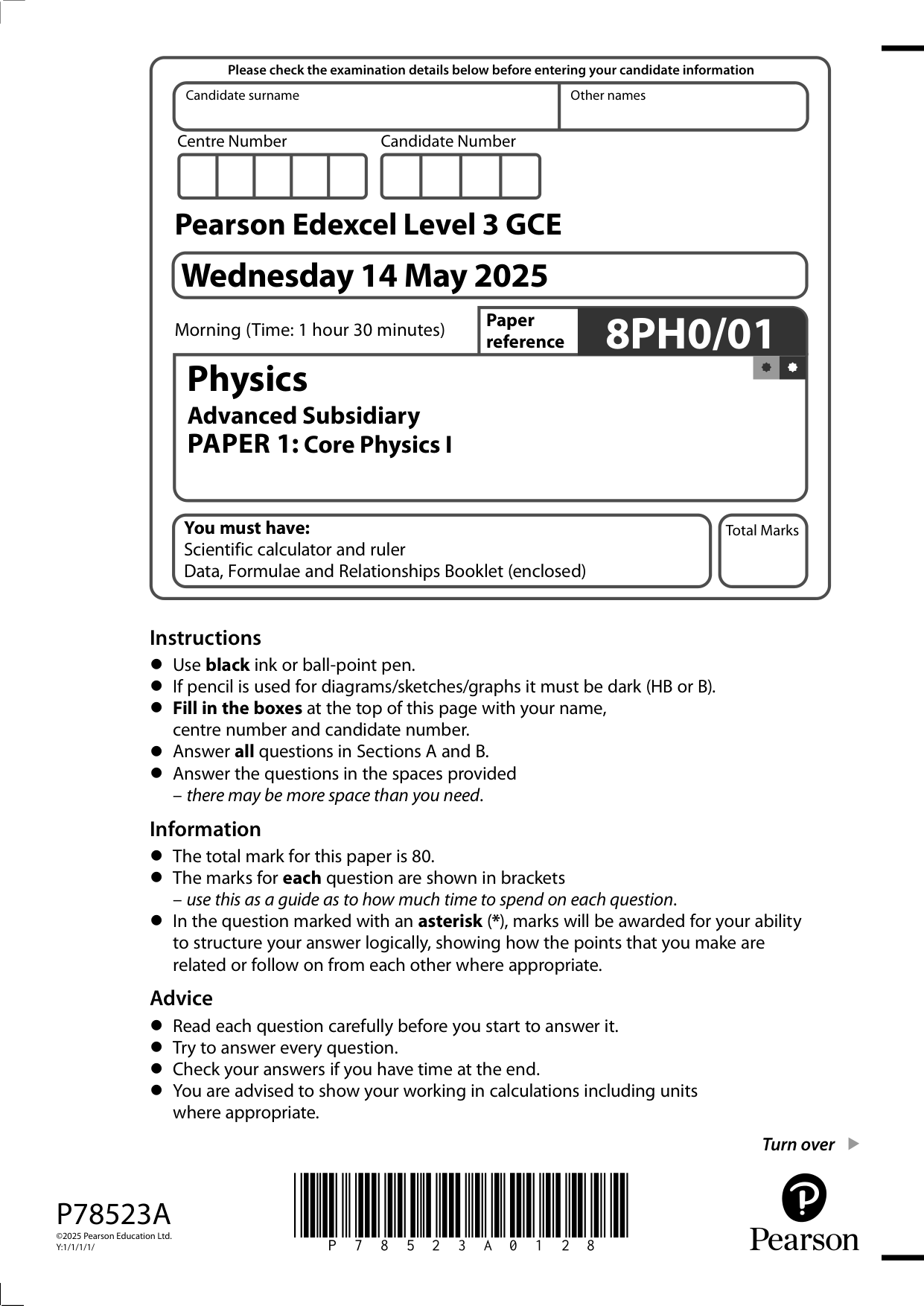 Pearson Edexcel AS Physics 2025 Paper 1 Question Paper PDF