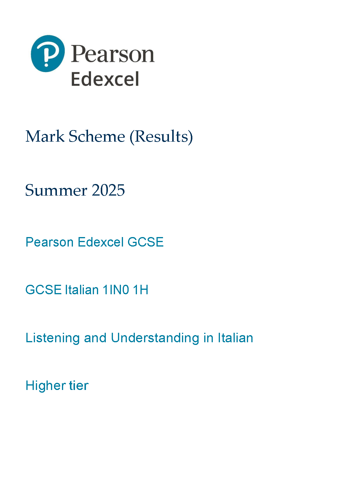 Pearson Edexcel GCSE Italian 2025 Paper 1h  Mark Scheme PDF IMG-1
