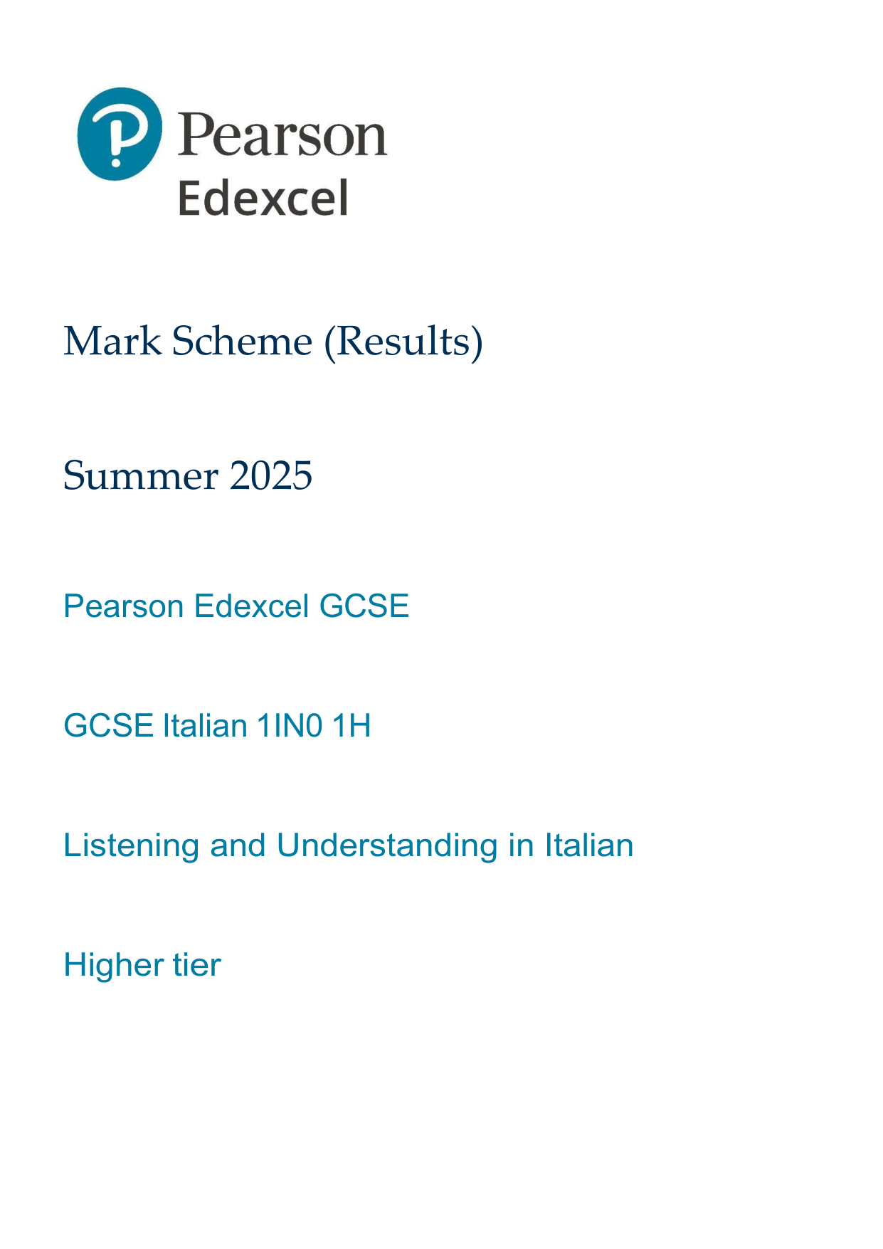 Pearson Edexcel GCSE Italian 2025 Paper 1h  Mark Scheme PDF