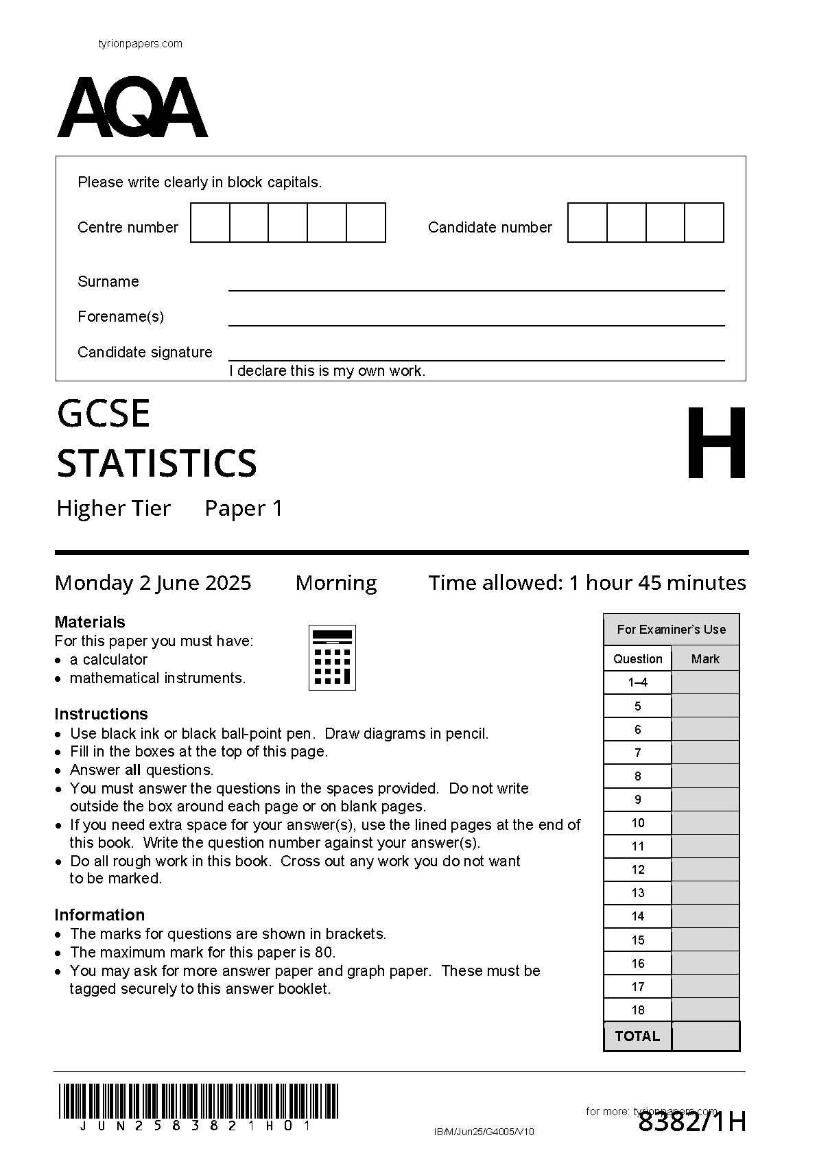 AQA GCSE Statistics Paper 1H Question Paper IMG-1