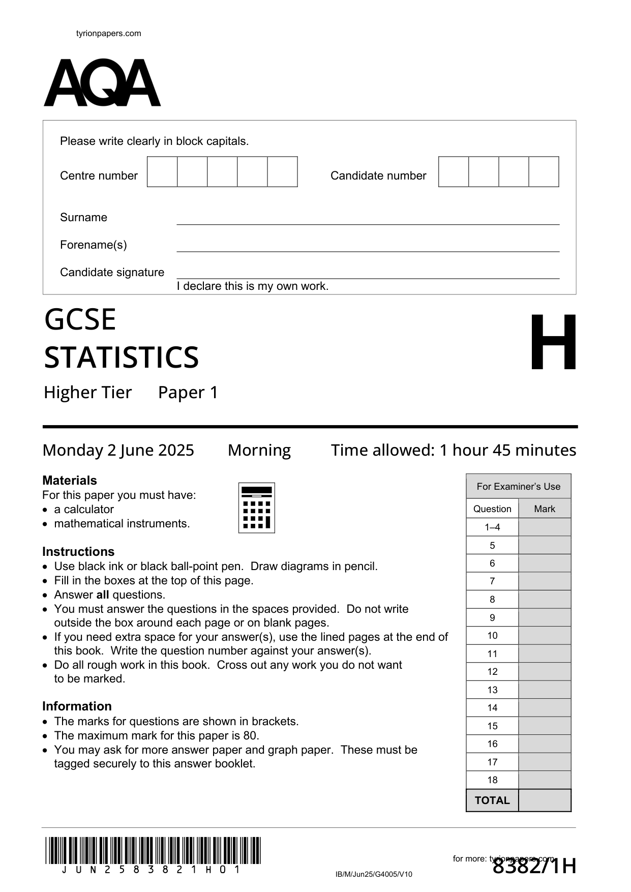 AQA GCSE Statistics Paper 1H Question Paper