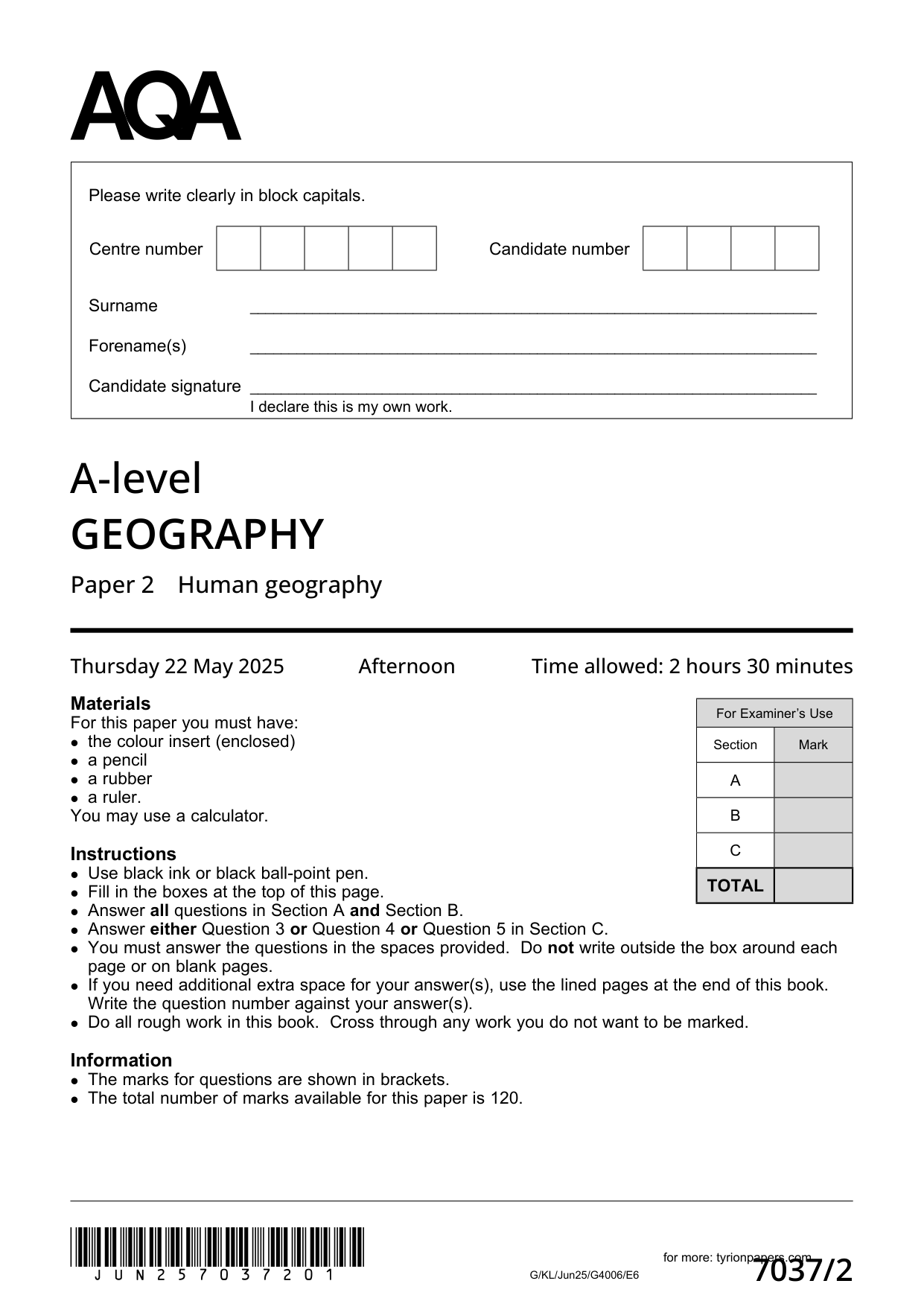 AQA A Level Geography Paper 2 2025 Human Geography QP