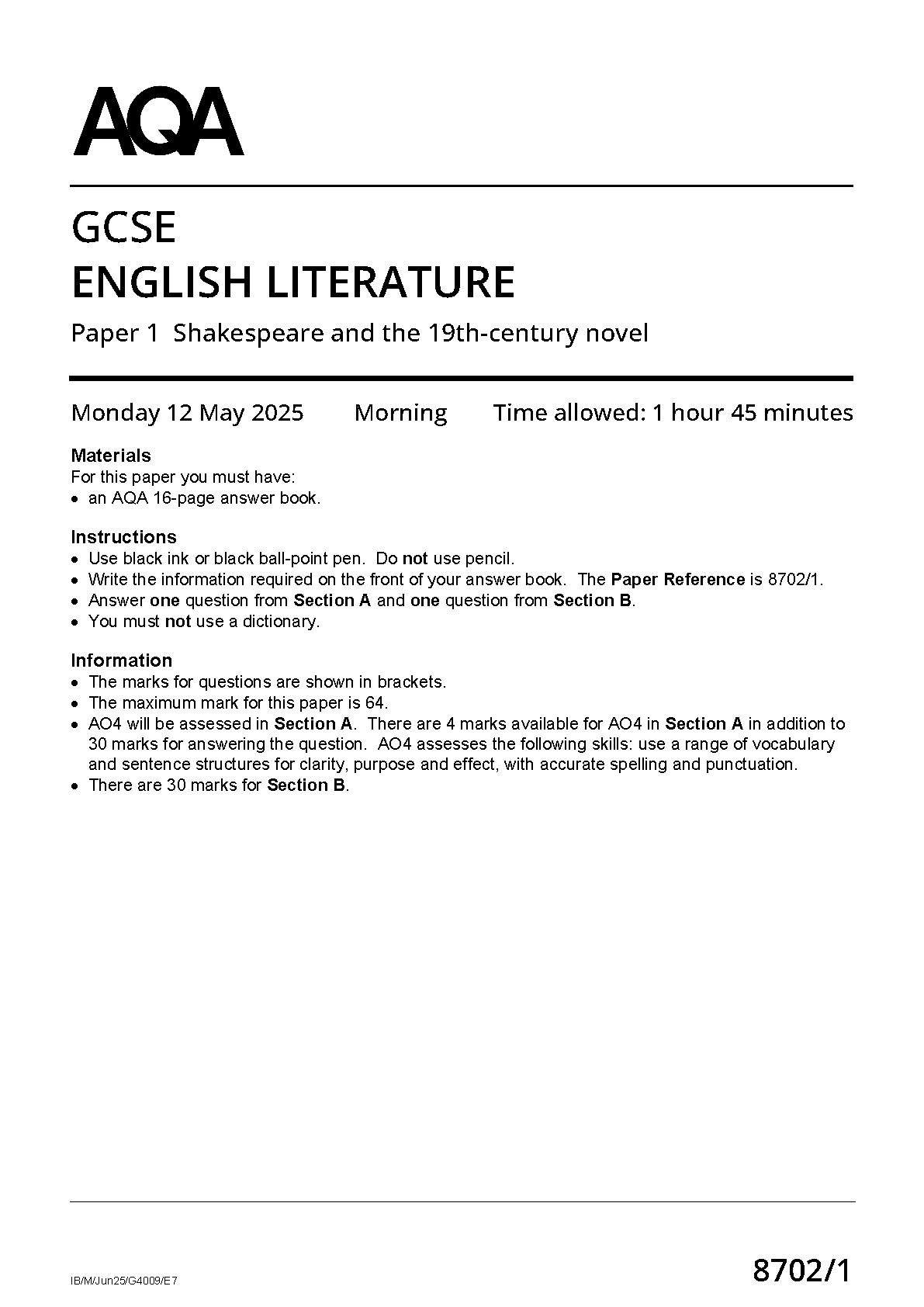 AQA GCSE English Literature Paper 1 2025 Question Paper