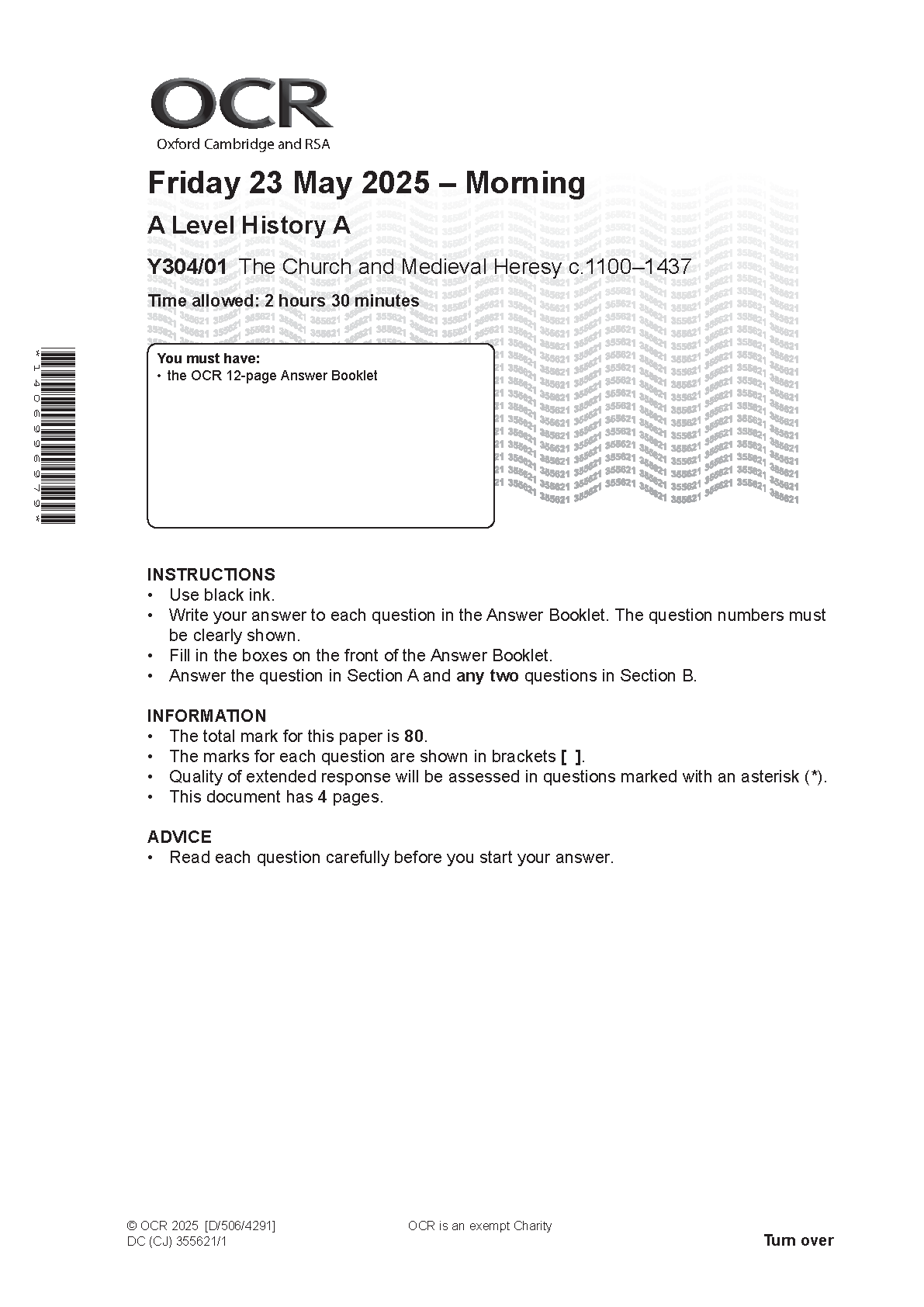 OCR A Level History A Church and Medieval Heresy 2025 QP