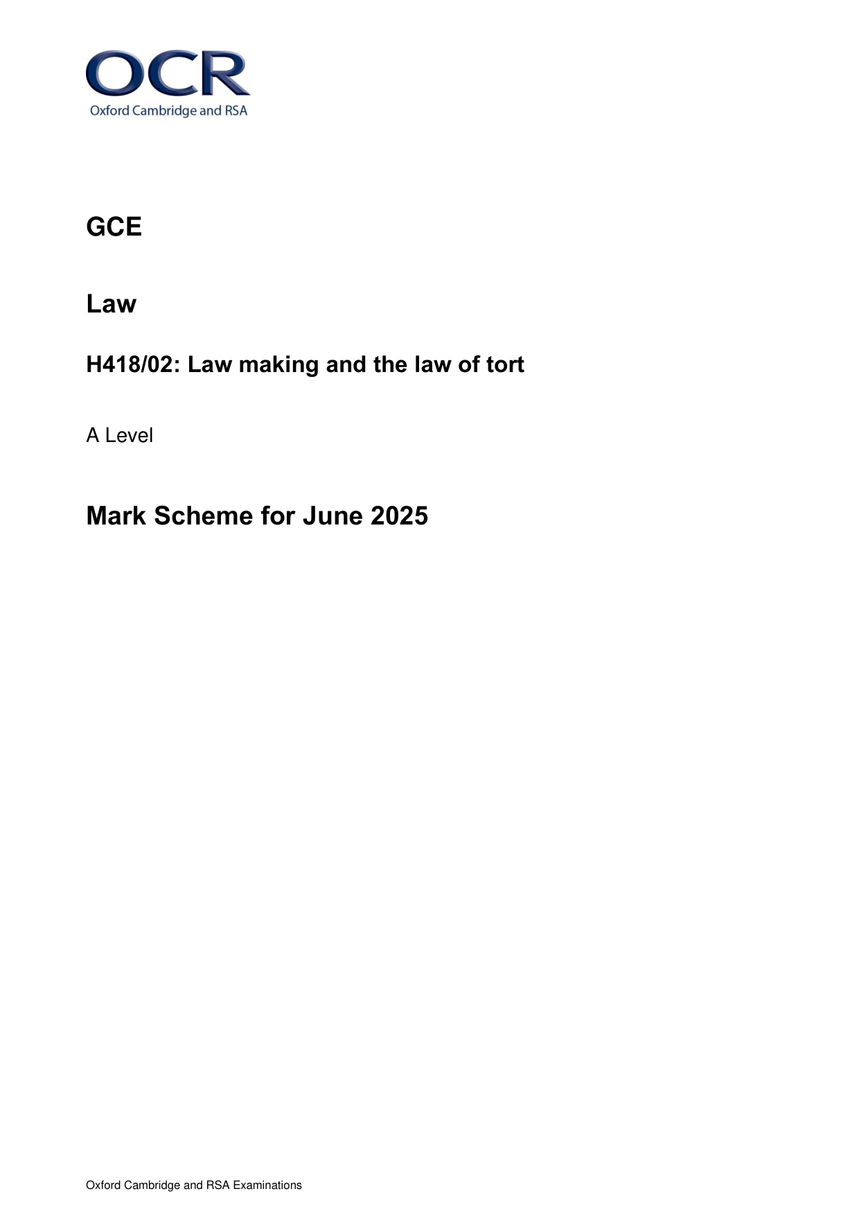 OCR A Level Law Paper 2 2025 Mark Scheme PDF