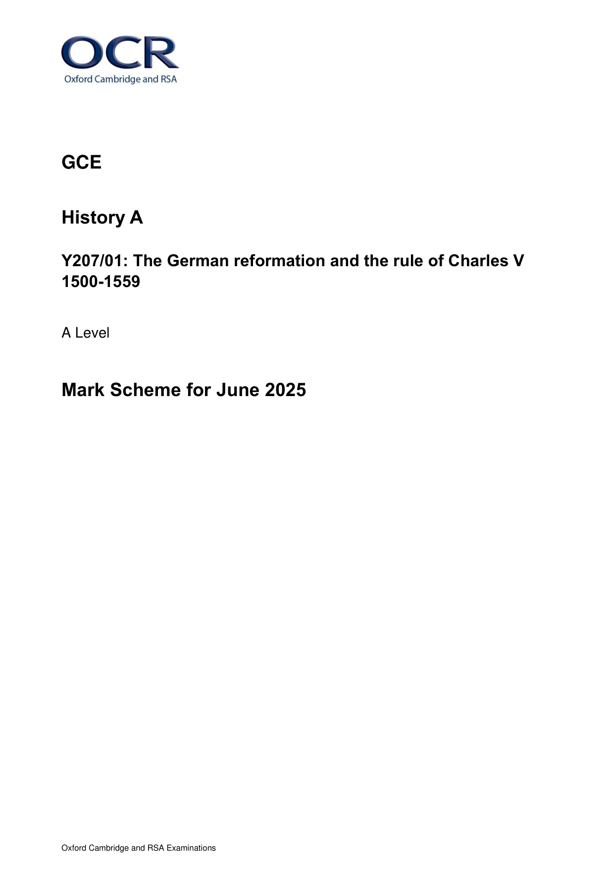 OCR A Level History A German Reformation 2025 Mark Scheme