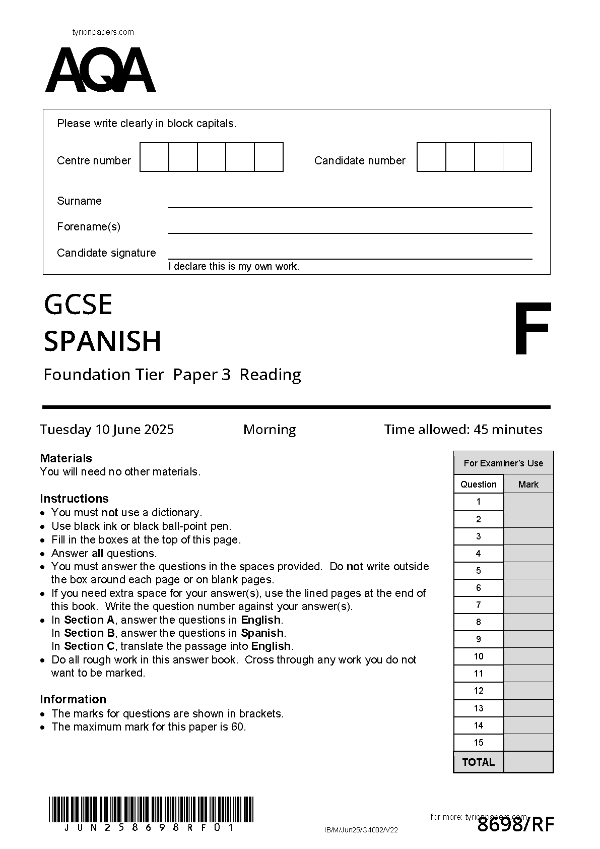 AQA GCSE Spanish Paper 3F 2025 Reading QP IMG-1
