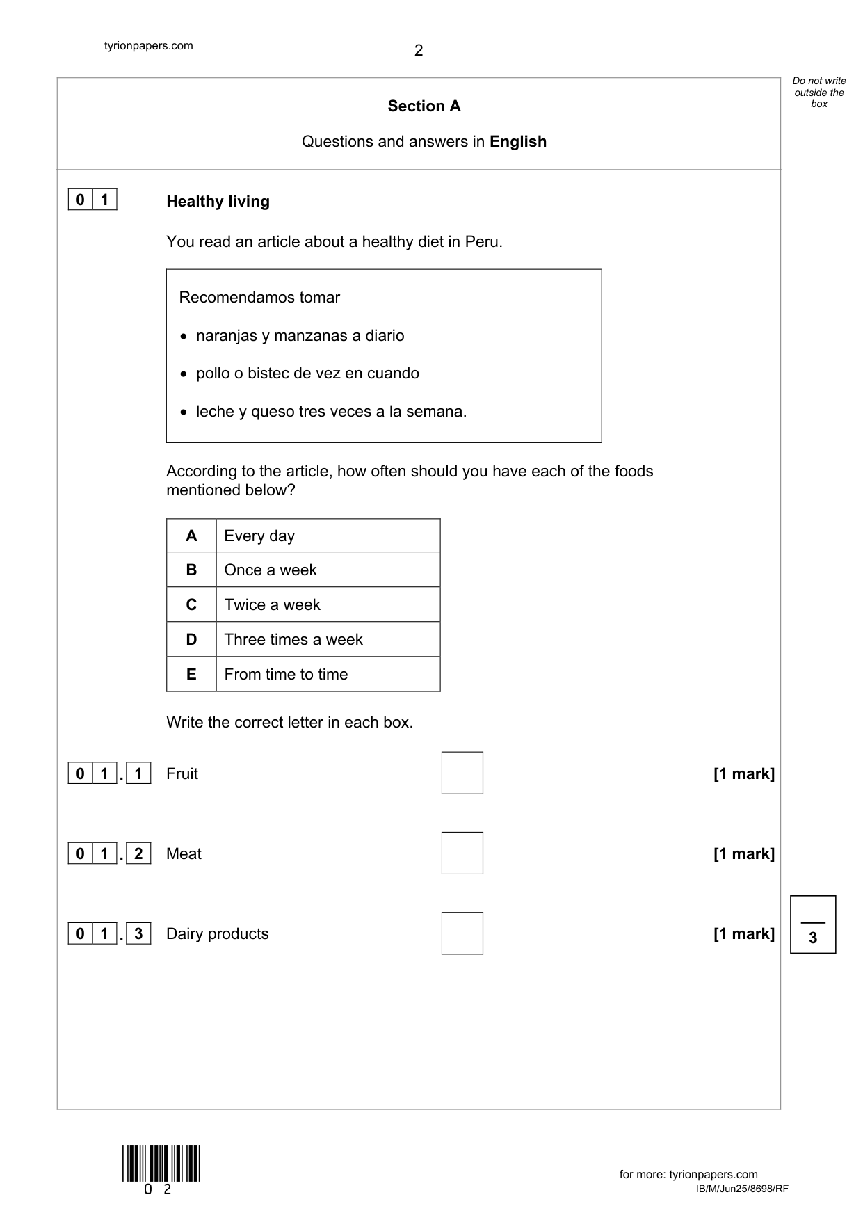 AQA GCSE Spanish Paper 3F 2025 Reading QP