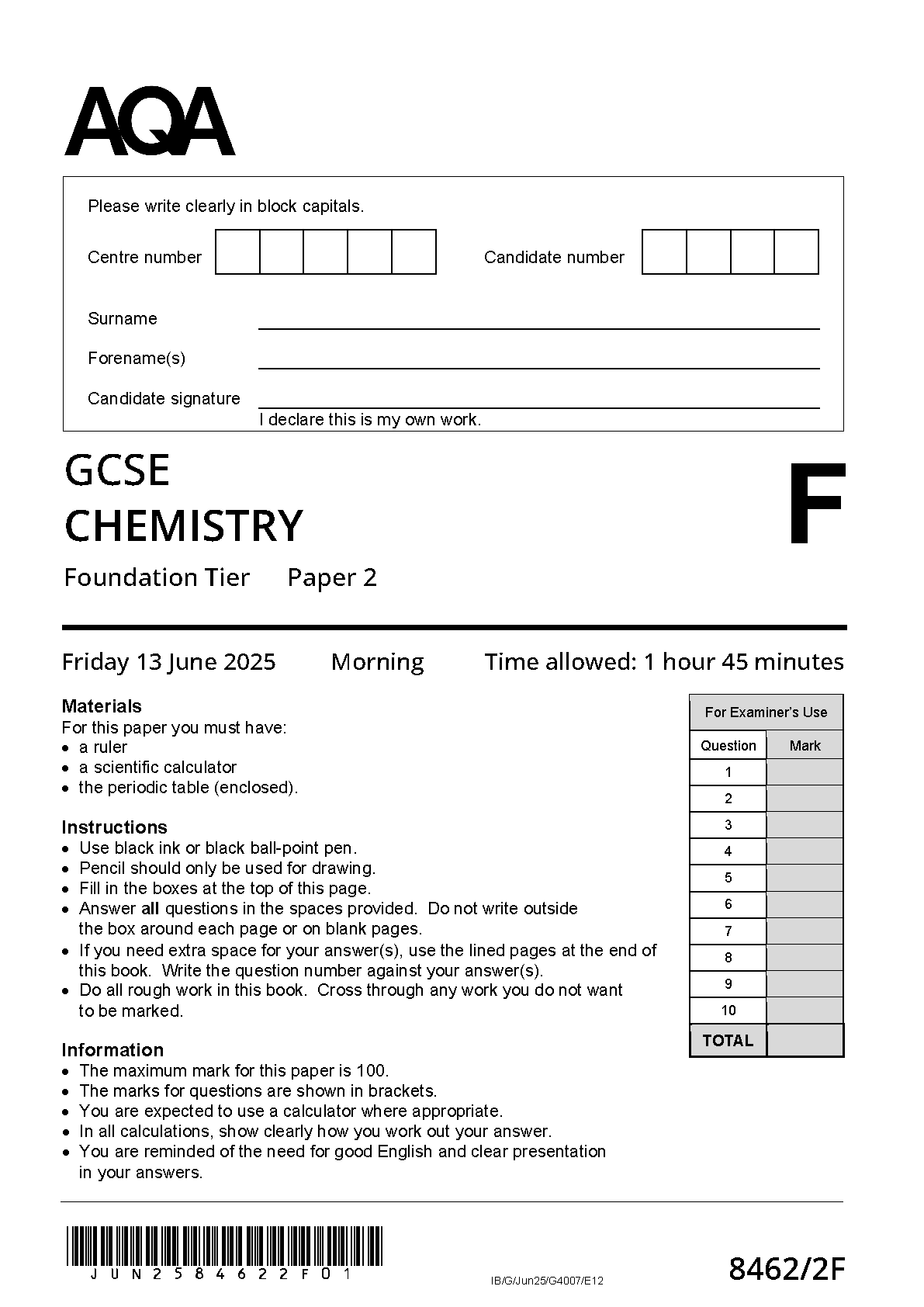 AQA GCSE Chemistry 2F 2025 Question Paper PDF IMG-1