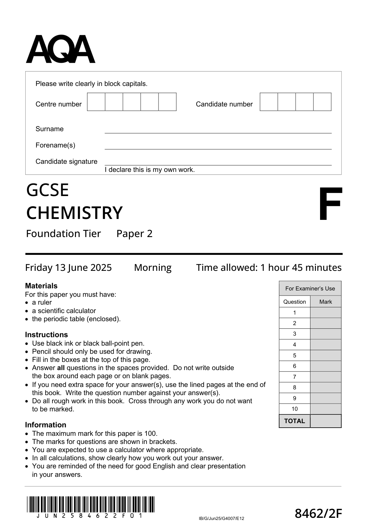 AQA GCSE Chemistry 2F 2025 Question Paper PDF